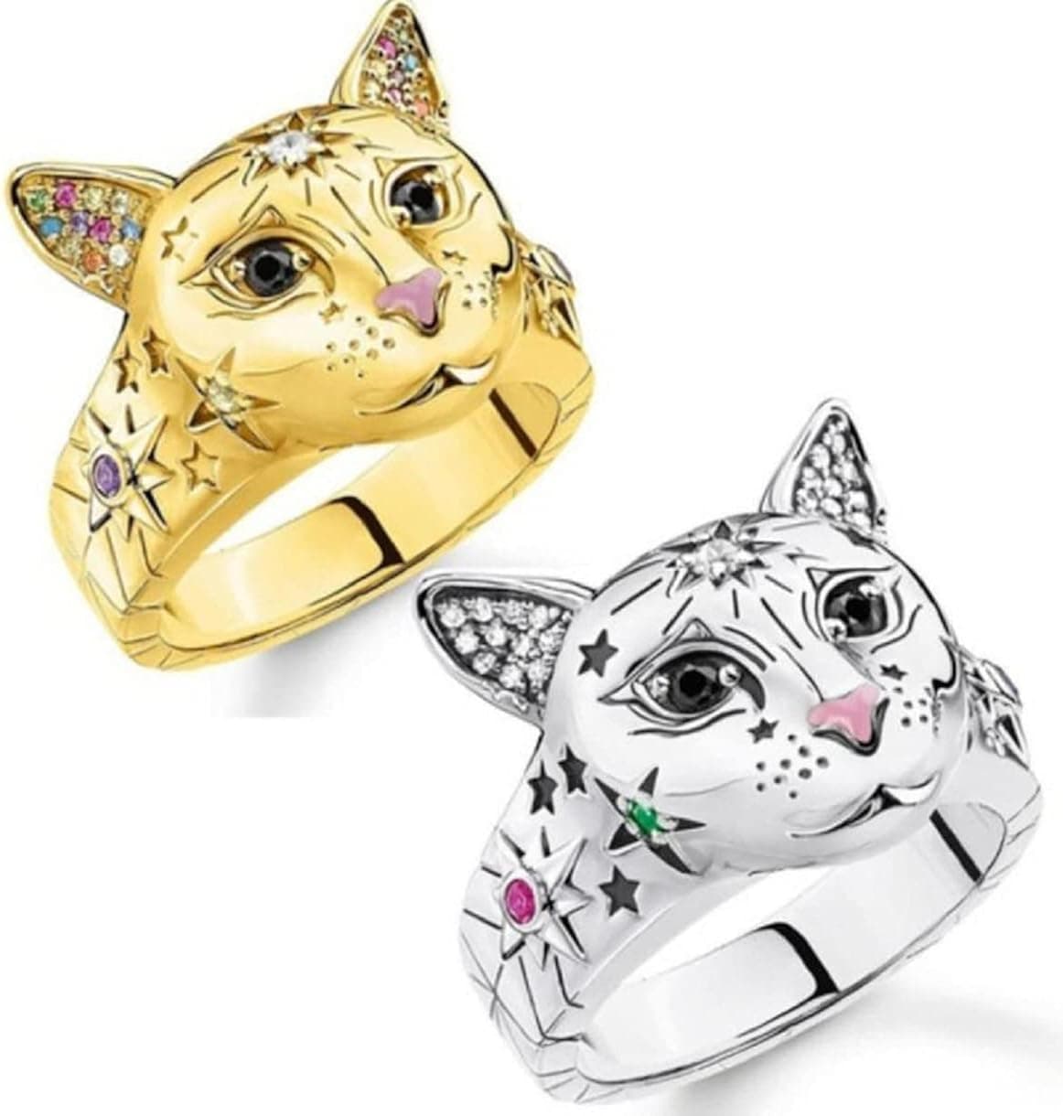 Cat Ring,Retro Punk Kitty CatRing for Women Girls Vintage Cat Animal Ring Classic Cat Sun Star Ring Iced Out Cat Kitten Head Ring Valentine’s Day Birthday Gifts for Girls