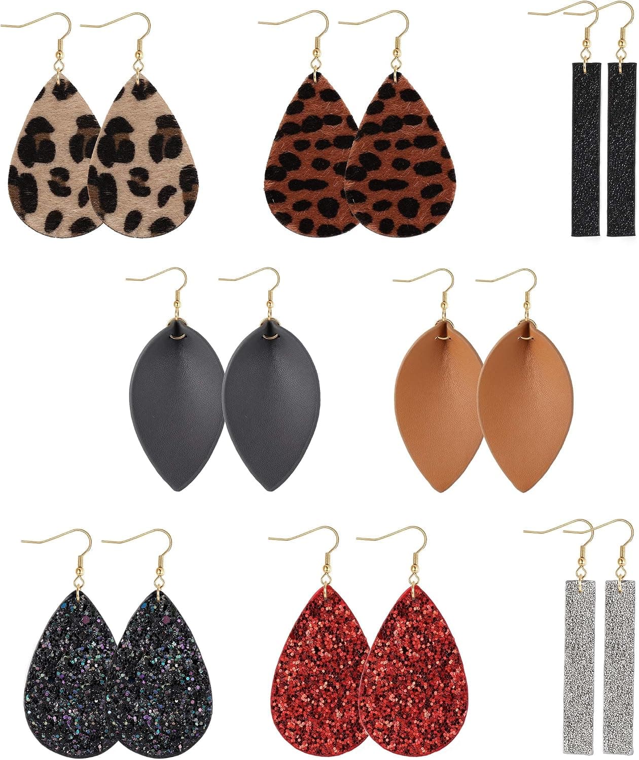 Finrezio 8pairs Leather Earrings Lightweight Teardrop Dangle Earrings Leaf Leopard Print Earrings Set for Women Girls