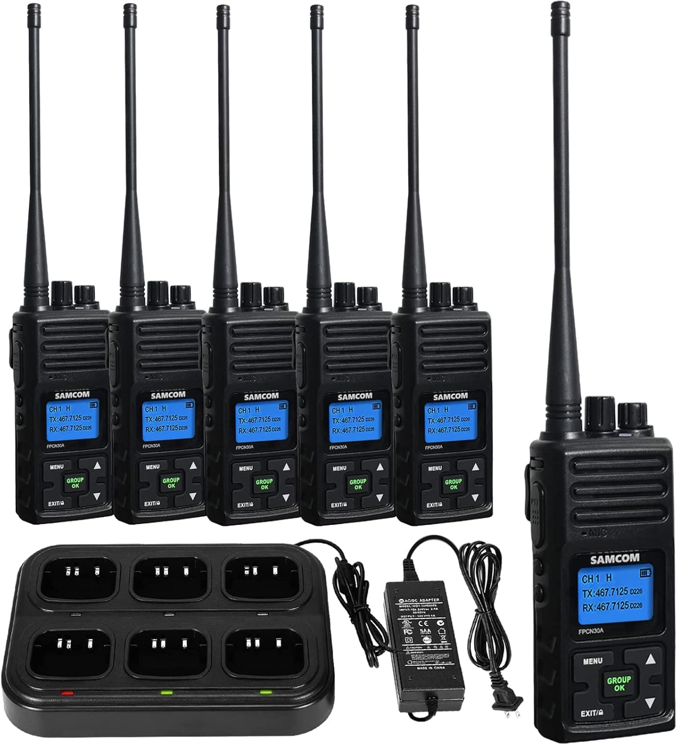 Samcom 2 Way Radio Rechargeable 5w Long Range Two Way Rasio for Adults 1500mAh Programmable Walkie Talkie Heavy Duty with 6 Way Multi-Unit Charger Gang