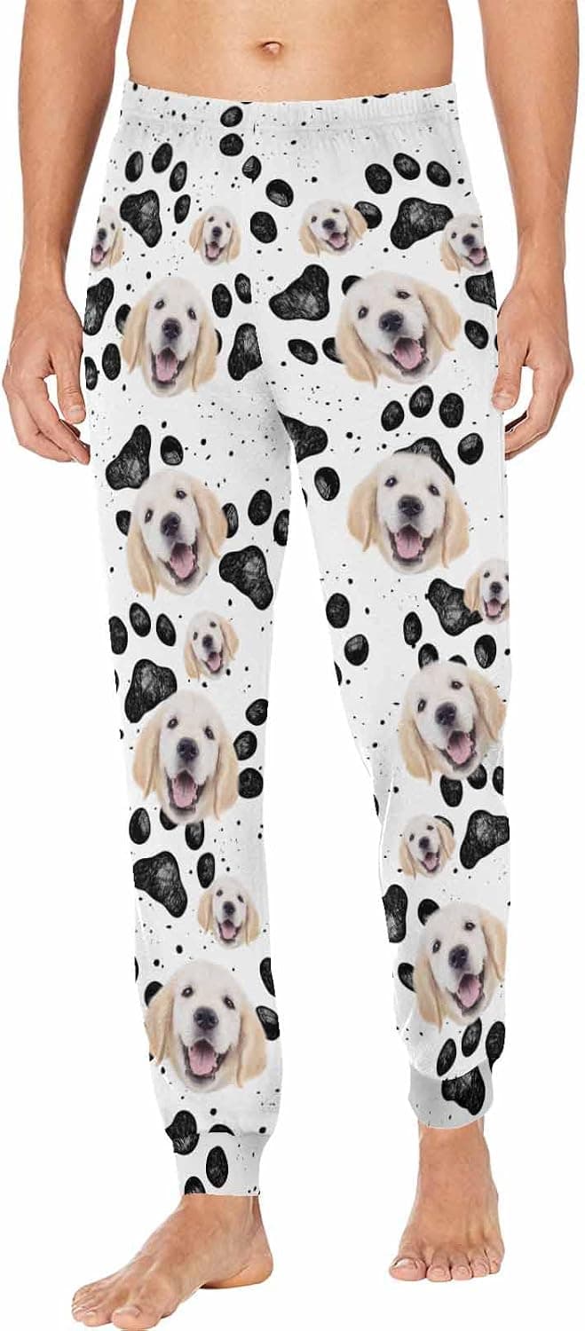 Custom Funny Pajama Pants for Men with Photo Face Pet Dog Cat Pajamas Pjs Lounge Sleepwear Bottoms Personalized Gift