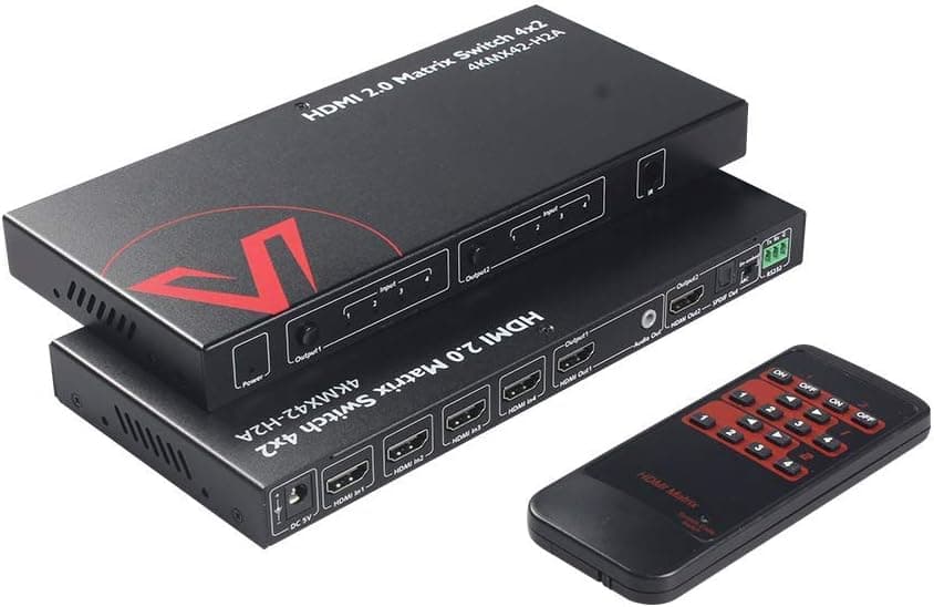 AV Access HDMI Matrix Switch 4x2 4K@60Hz 4:4:4 HDR ARC/SPDIF 5.1CH, 3.5mm Stereo Audio, Scaler 4K 1080P Synch, HDCP 2.2 18Gbps, API RS232 Matrix Splitter 4 in 2 Out with IR Remote Control