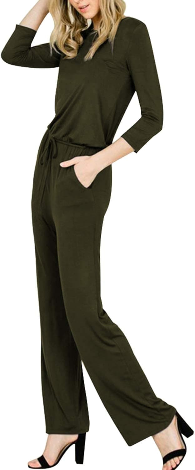 Fixmatti Women 3/4 Sleeve Loose Wide Leg Pant Jumpsuit with Pockets Green M