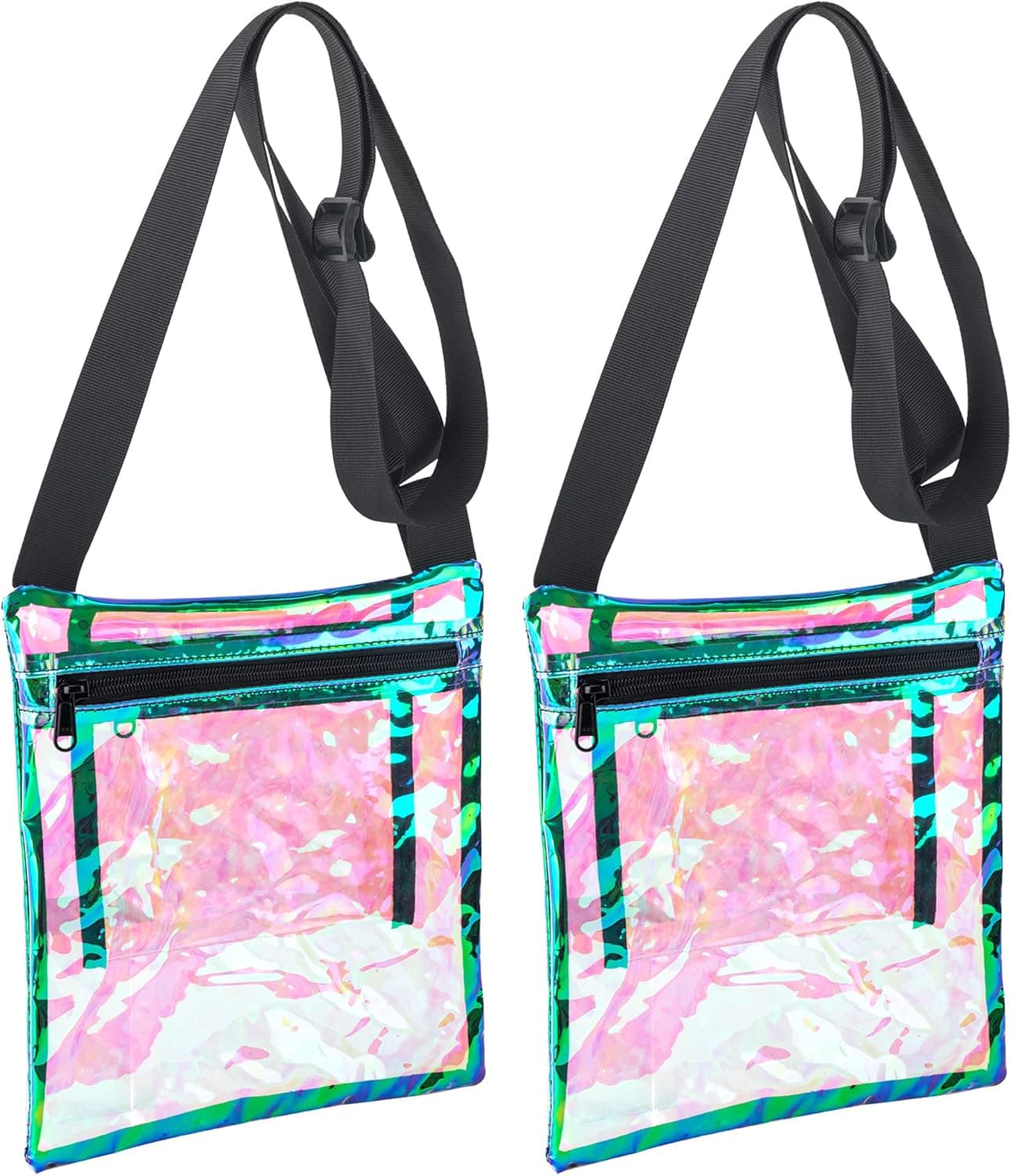 2 Pack Clear Holographic Crossbody Bag Iridescence Clear Purse Bag Stadium Approved Clear Vinyl Bag with Inner Pocket and Adjustable Strap for Women Concerts Festivals Events