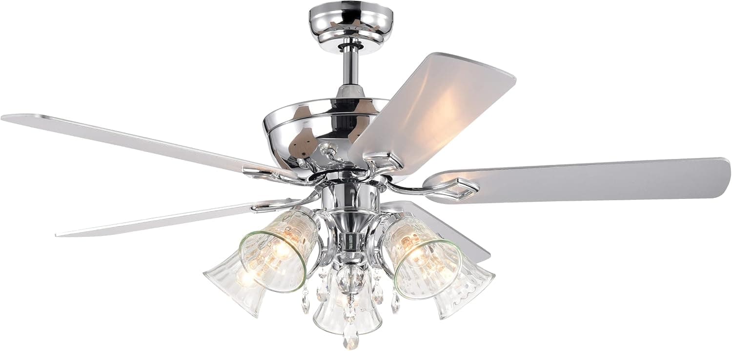 52 Inch Ceiling Fans with Lights Crystal Chandelier Ceiling Fan with Remote Control, 5 Lights 5 Reversible Blades 3 Speeds, Modern Indoor Ceiling Fixture For Living Room Bedroom, Silver Chrome
