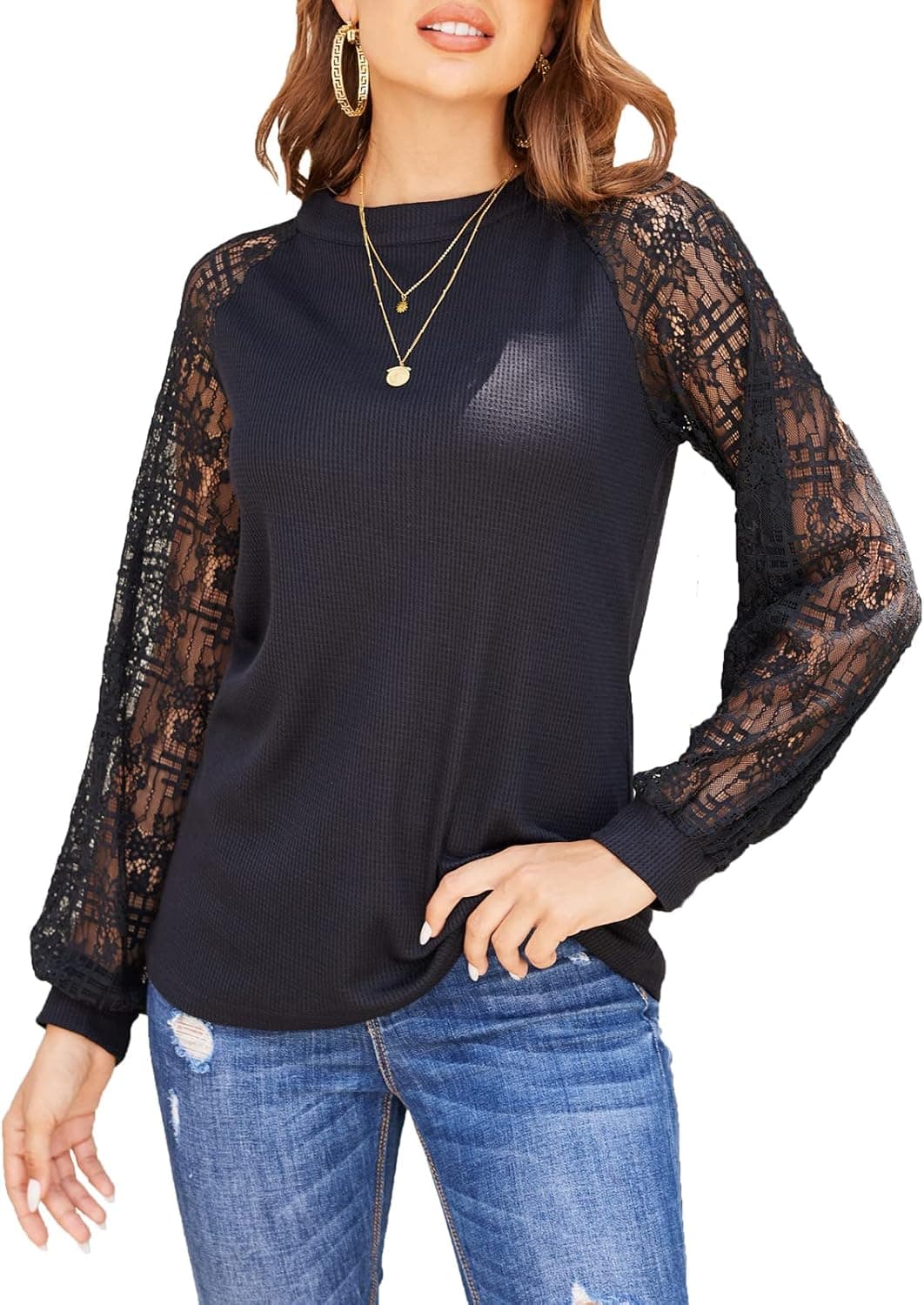 Women’s Lace Long Sleeve Tops Fall Casual Loose Blouses T-Shirts Tops