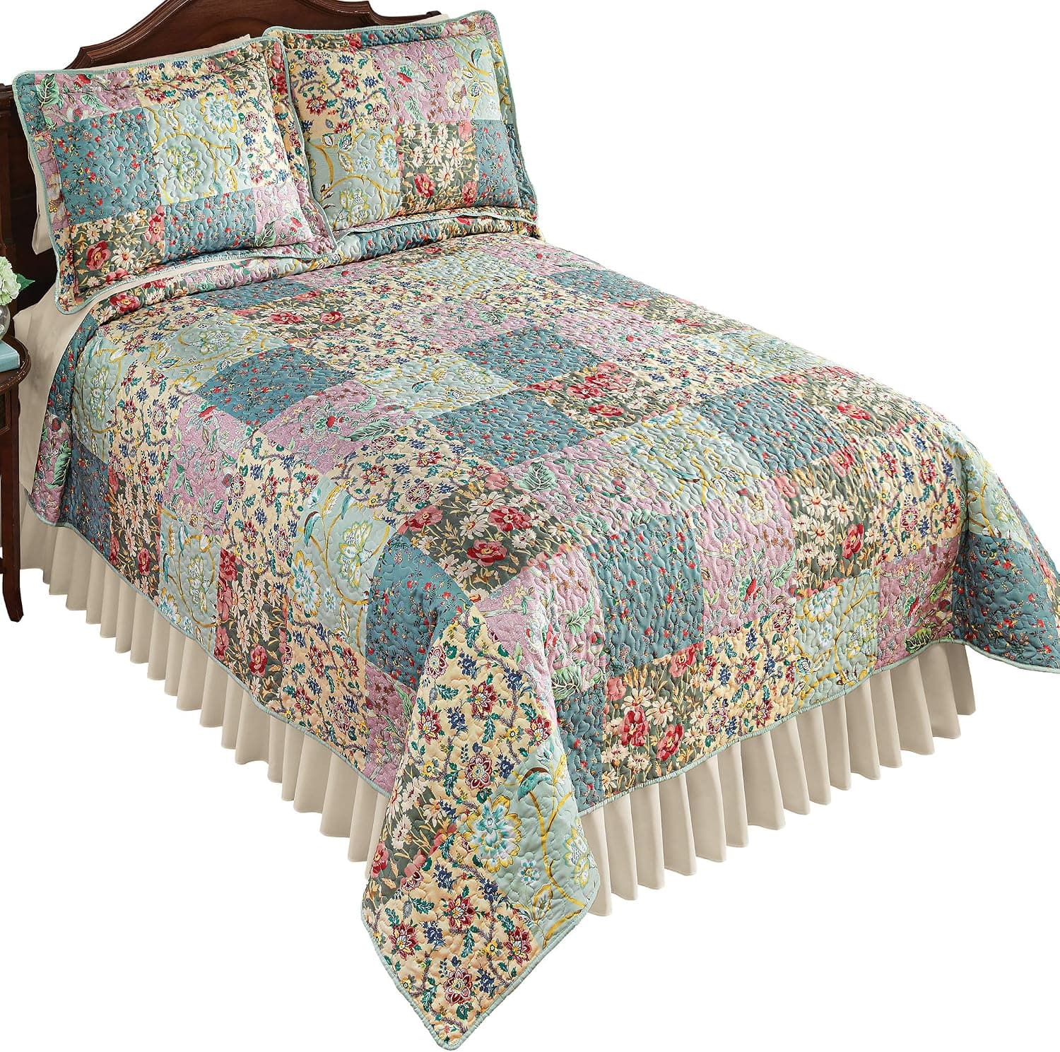 Collections Etc Multicolor Floral Print Patchwork Style Quilt | Colorful Bedroom Charm | Soft Paste Hues, Pretty Floral Patterns | Pink, Sage, Blue Colors, Reversible | Machine Washable | Twin,