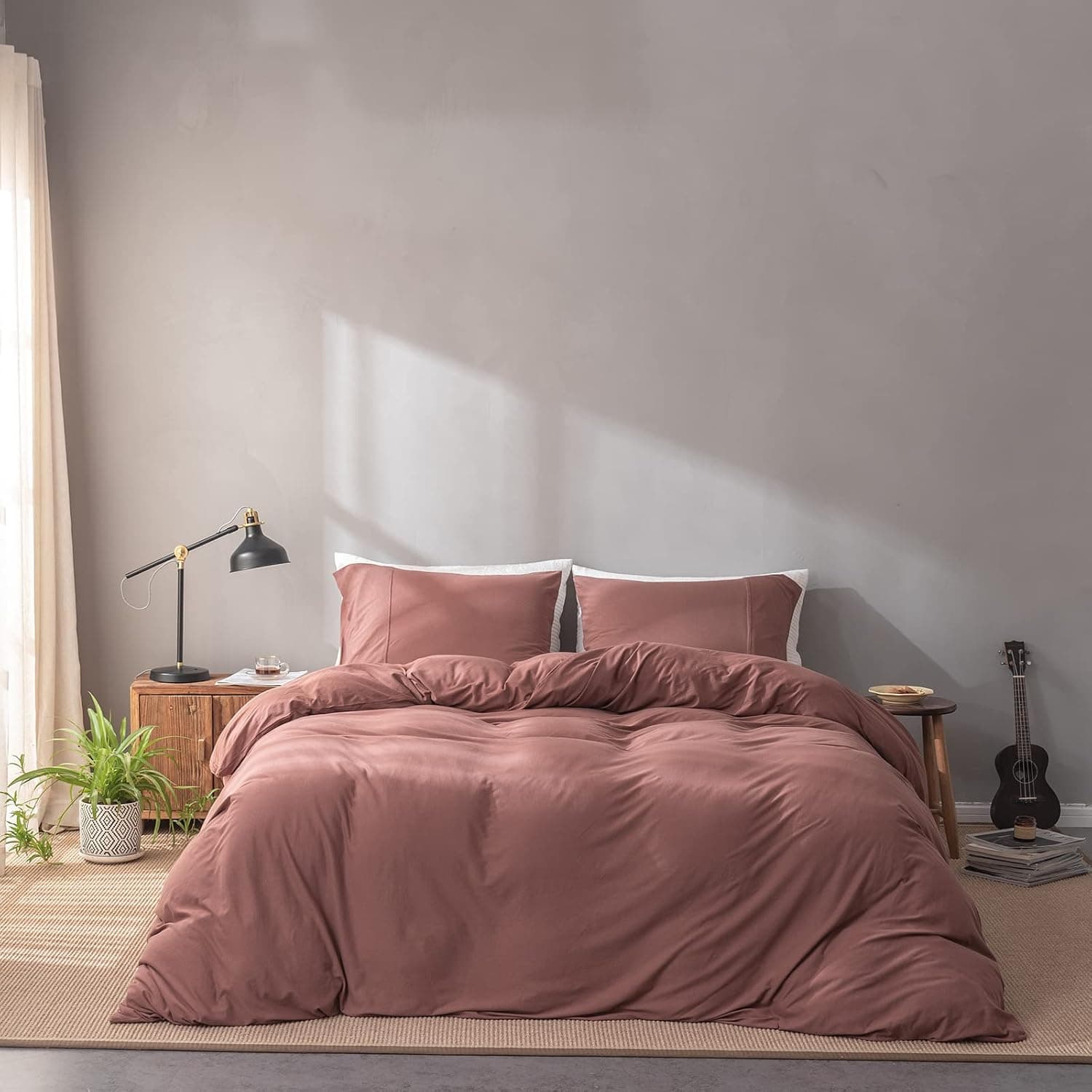 FenDie Solid Color Knit Cotton Duvet Cover Soft Breathable Queen Comforter Cover 90" x 90" with 2 Pillowcases Modern Simple Bedroom Aesthetic Bedding Set, Brick Red