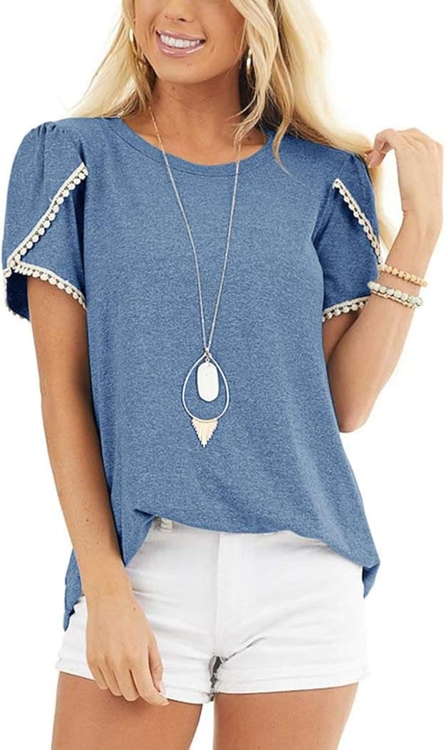 Bingerlily Women's Summer Short Sleeve T Shirts Casual Crew Neck Tee with Lace Loose Fitting Tops