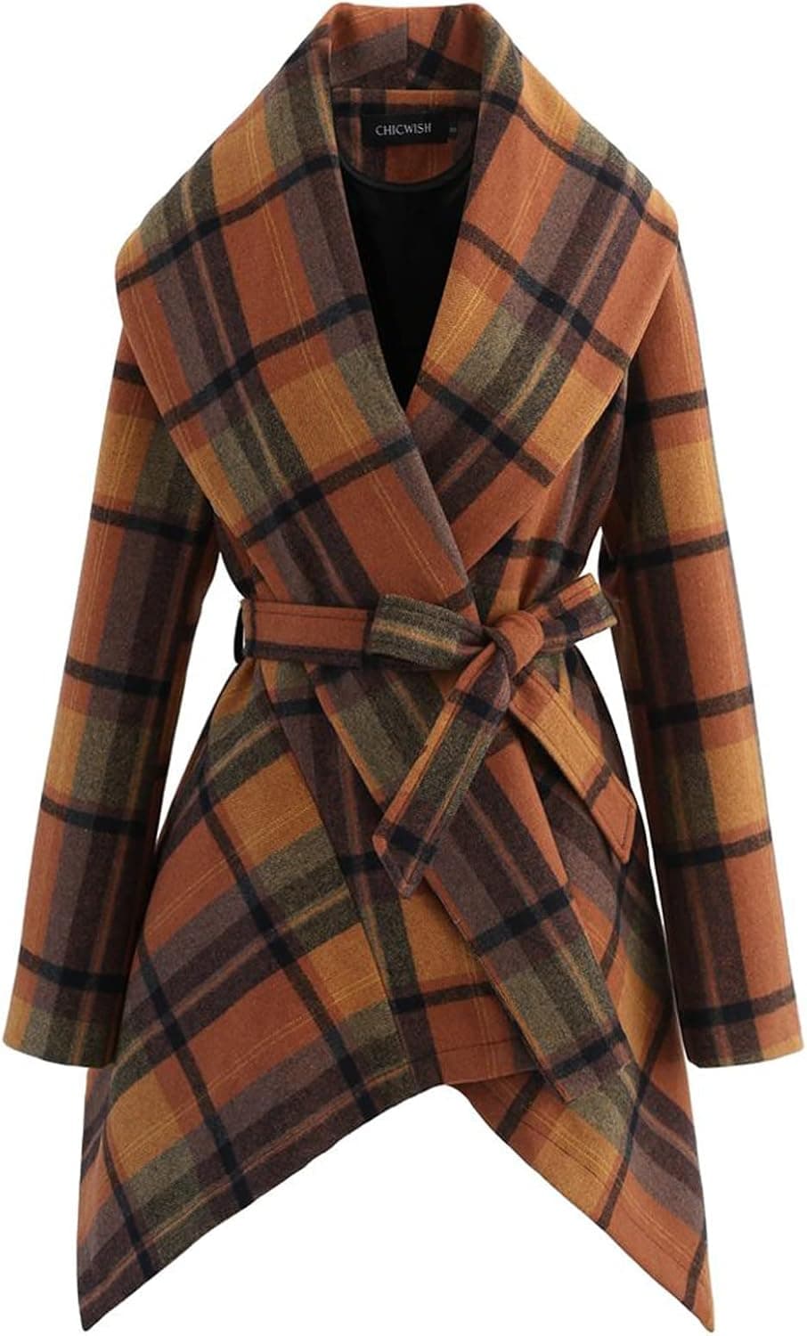 CHICWISH Women's Turn Down Shawl Collar Earth Tone Check/Black White Grid/Black/Plum Wool Blend Coat