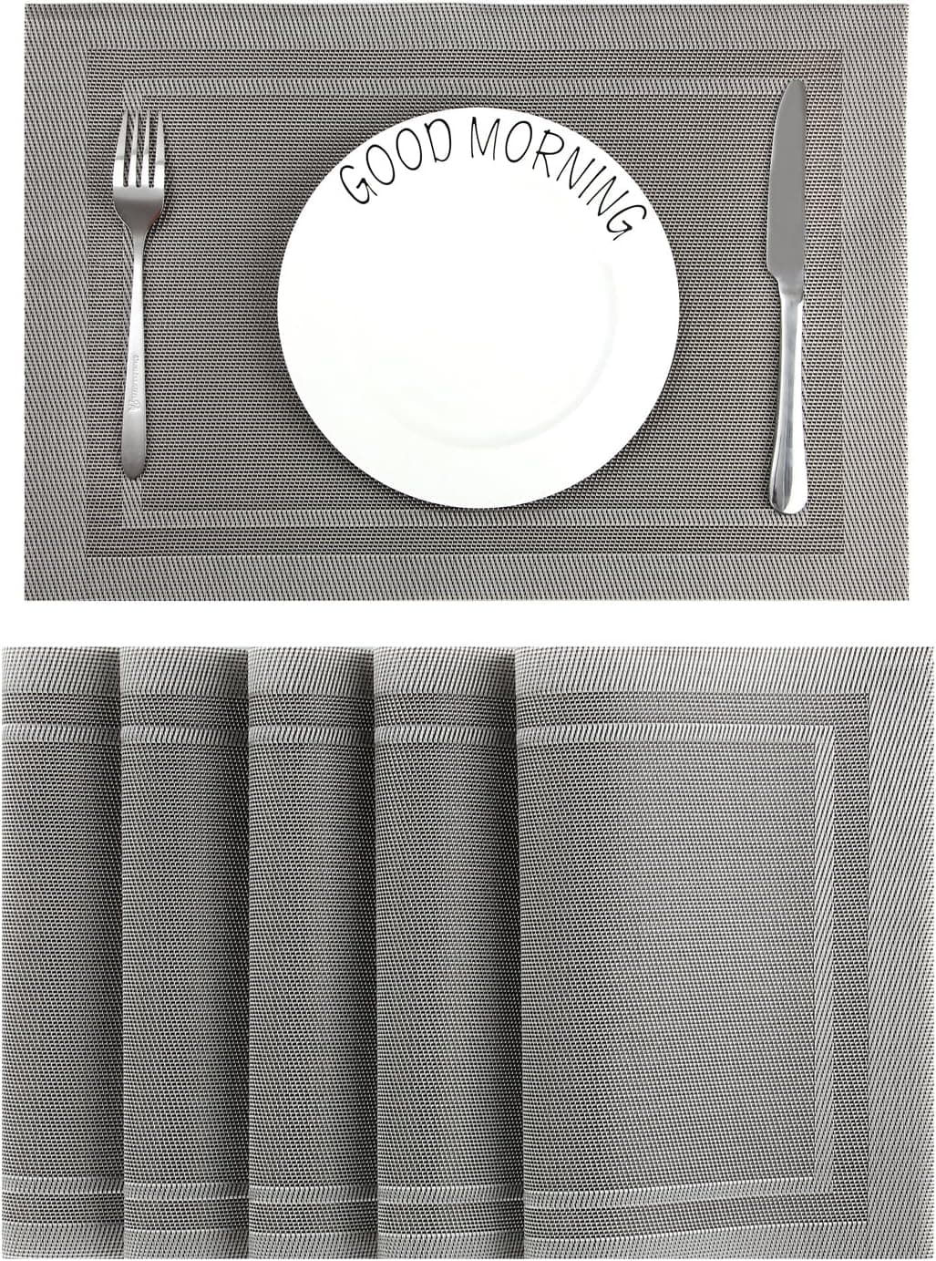 Placemats Set of 4 Table Mats Washable Place Mats Stain Resistant Non-slip Dinner Mats Easy to Clean PVC Woven Vinyl Placemat (Gray + Silver)