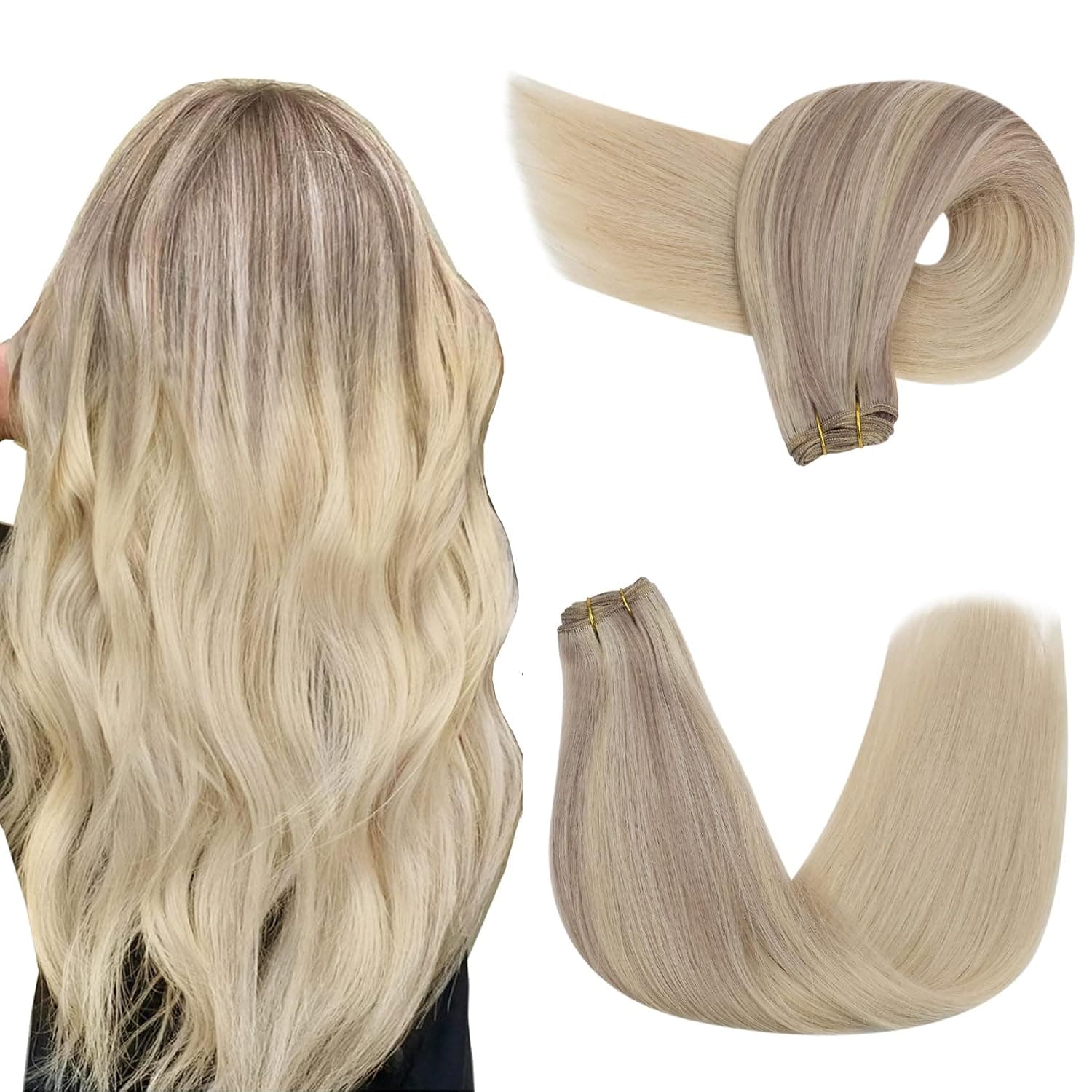 YoungSee Blonde Sew in Hair Extensions Real Human Hair Ombre Ash Blonde to Bleach Blonde Balayage Weft Hair Extensions Human Hair 20inch Weft Sew in Hair Extensions Blonde Hair Bundle 100g