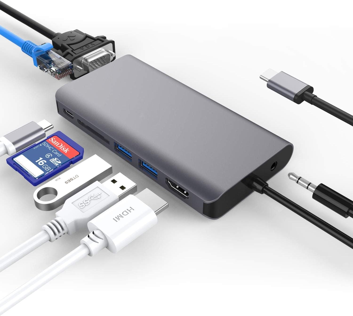 Ultimate USB-C to 4K HDMI DVI VGA Ethernet RJ45 3.5mm Audio Hub Adapter,Type C USB 3.1 8 in 1 Multiport UHD Converter to 2 USB3.0, SD/TF Ports and PD Charging for MacBook Pro, Thunderbolt 3 Compatible