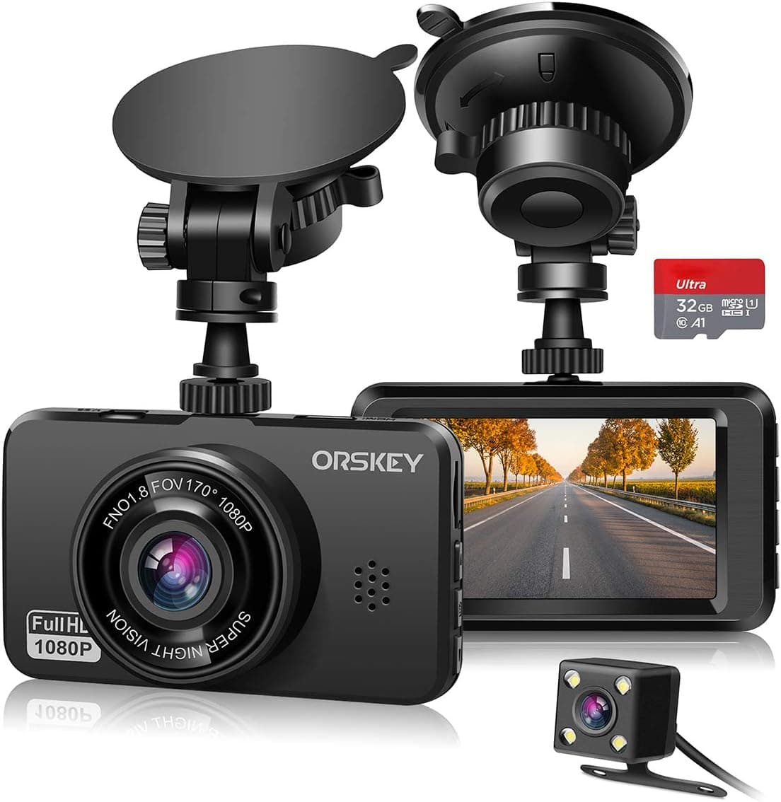 ORSKEY Dash Cam for Cars Front and Rear with SD Card 1080P Full HD in Car Camera Dual Lens Dashcam Wide Angle with Loop Recording and G-Sensor【2022】