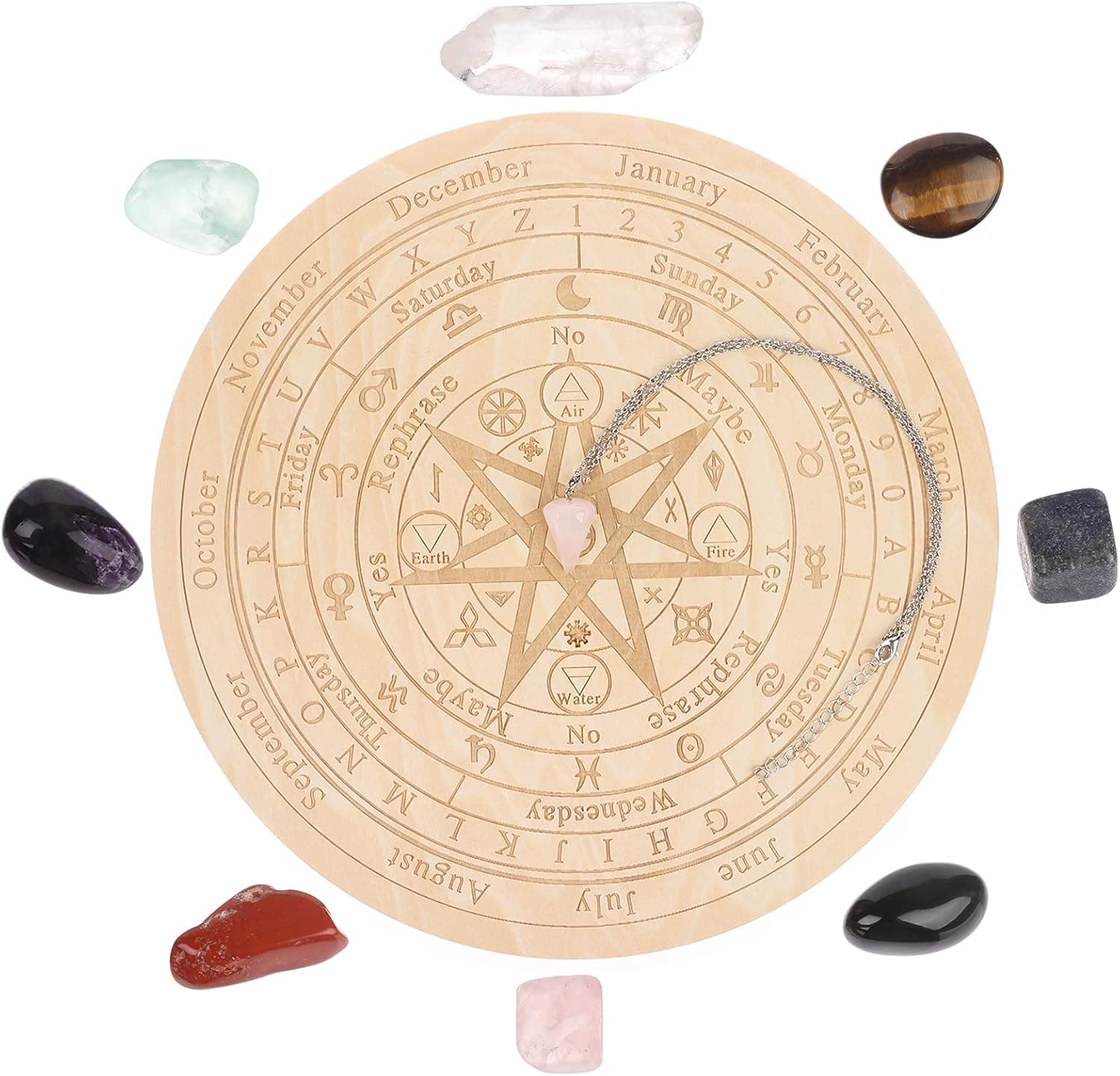 OBANGONG Pendulum Board for Divination Metaphysical Message Board Star Wooden Pendulum Board with 1 pc Crystal Dowsing Pendulum Necklace and 8 pc Chakra Stones for Witchcraft Wiccan Altar Supplies