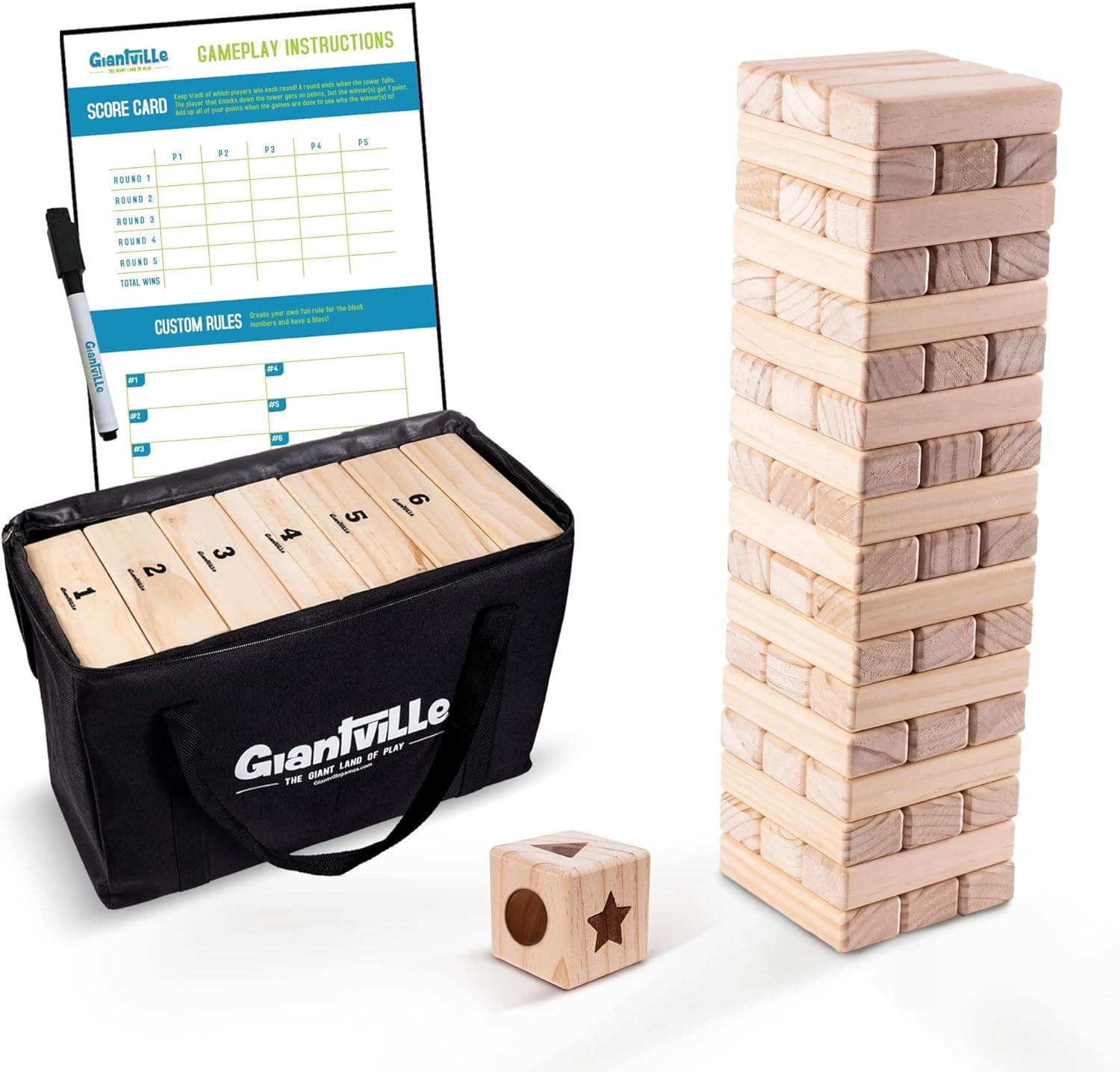 Large Tumbling Timber Toy + Dice + Carry/Storage Bag - 54-Pc Wooden Blocks - Premium Pine Wood Floor Game for Kids & Adults - Grows from 1.5-feet to Almost 3-feet While Playing, Life Size Tower