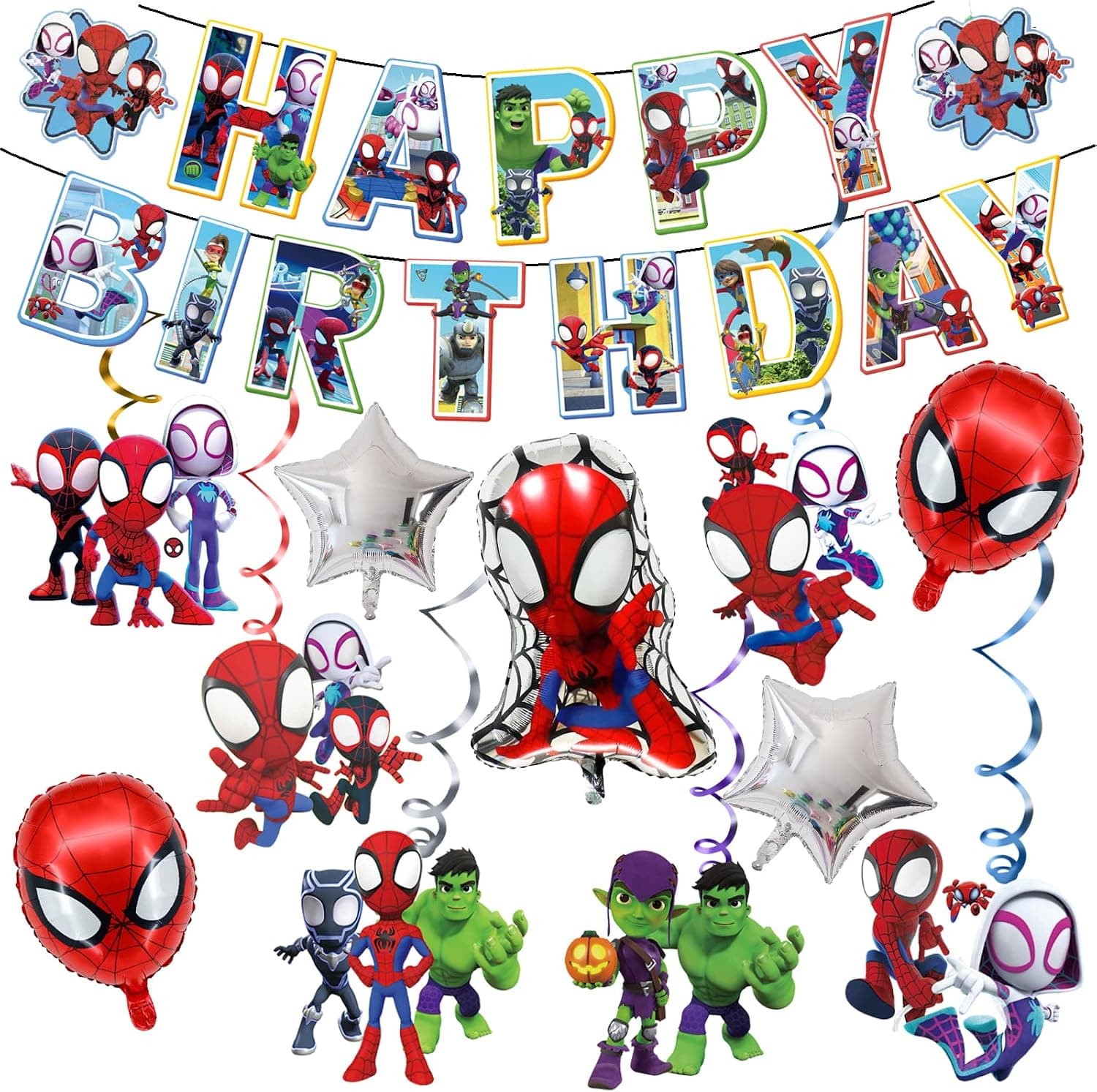 Spidey and his amazing friends birthday decorations Spider Theme Birthday Balloons Set，Party Decorations Banner and Hanging Swirls for Kid, Boys and Girls Happy Birthday Banners (B)