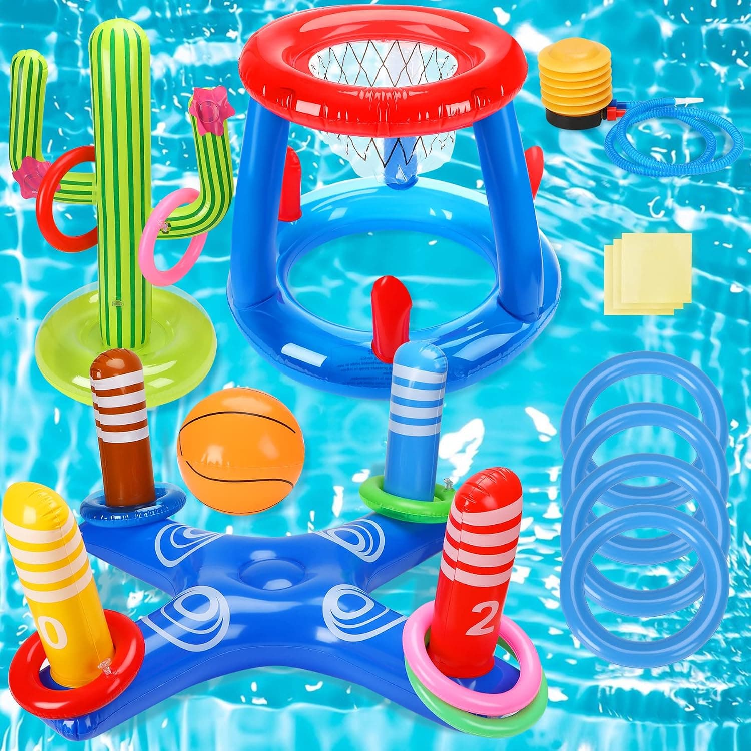 UPINS Pool Toys Games Set Swimming Pool Toys for Kids Inflatable Pool Basketball Hoop & Ring Toss Game and Pool Floats Toys Inflatable Ring Toss with Pump