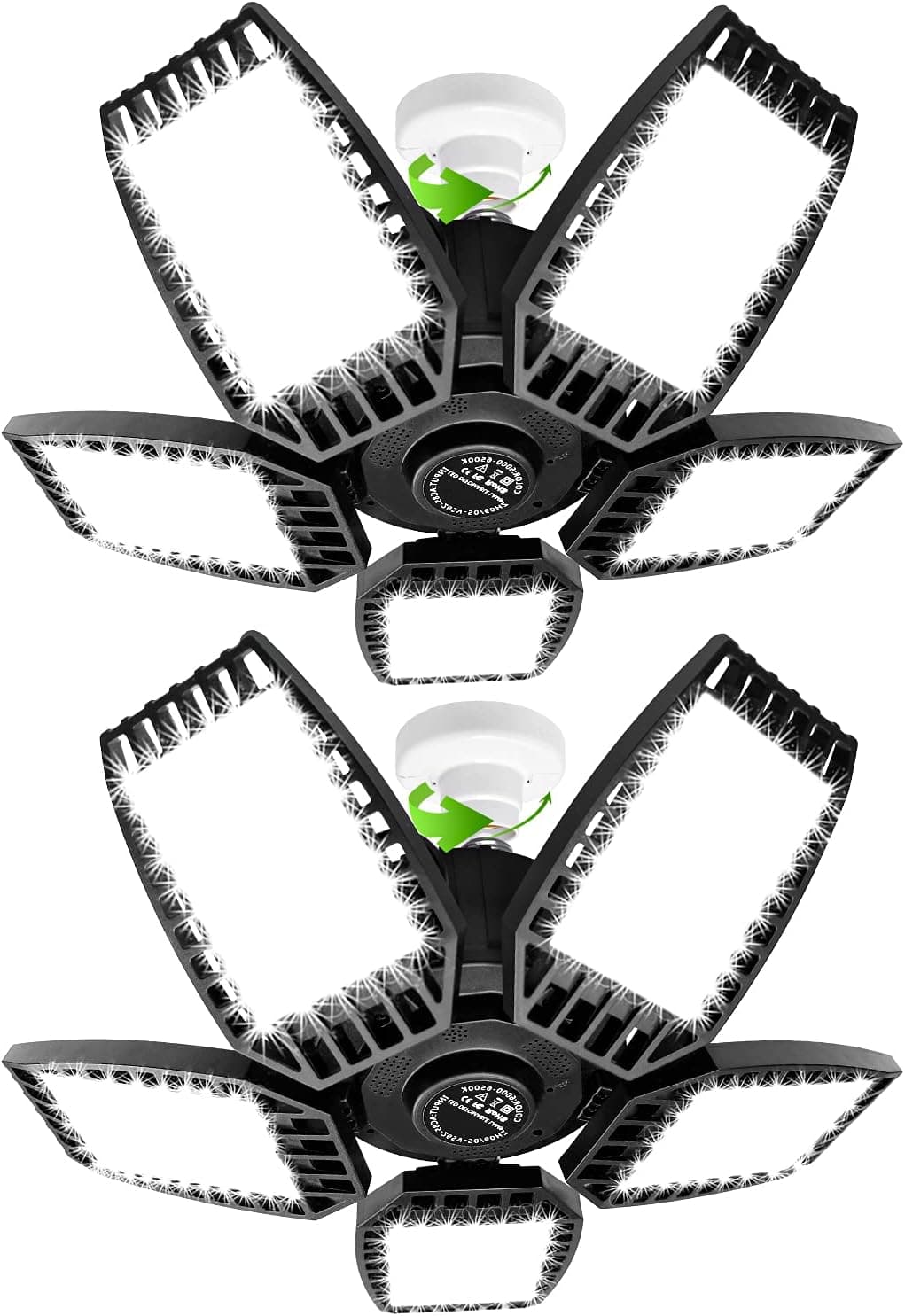 2-Pack LED Garage Lights, 100W Deformable E26/E27 Garage Ceiling Light, 10000LM Five-Leaf Adjustable Garage Lighting Fixture, CRI>80, 6500k Nature Light, for Workshop, Workbench, Barn, Basement