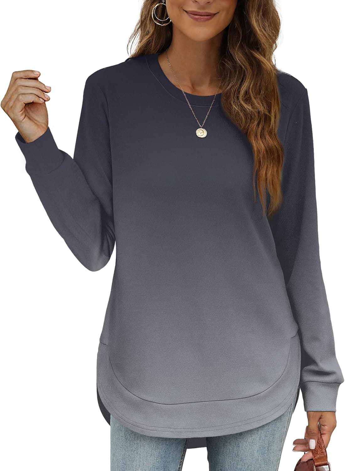 OFEEFAN Womens Sweatshirt Crewneck Long Sleeve Shirts for Women High Low Tops Curved Hem