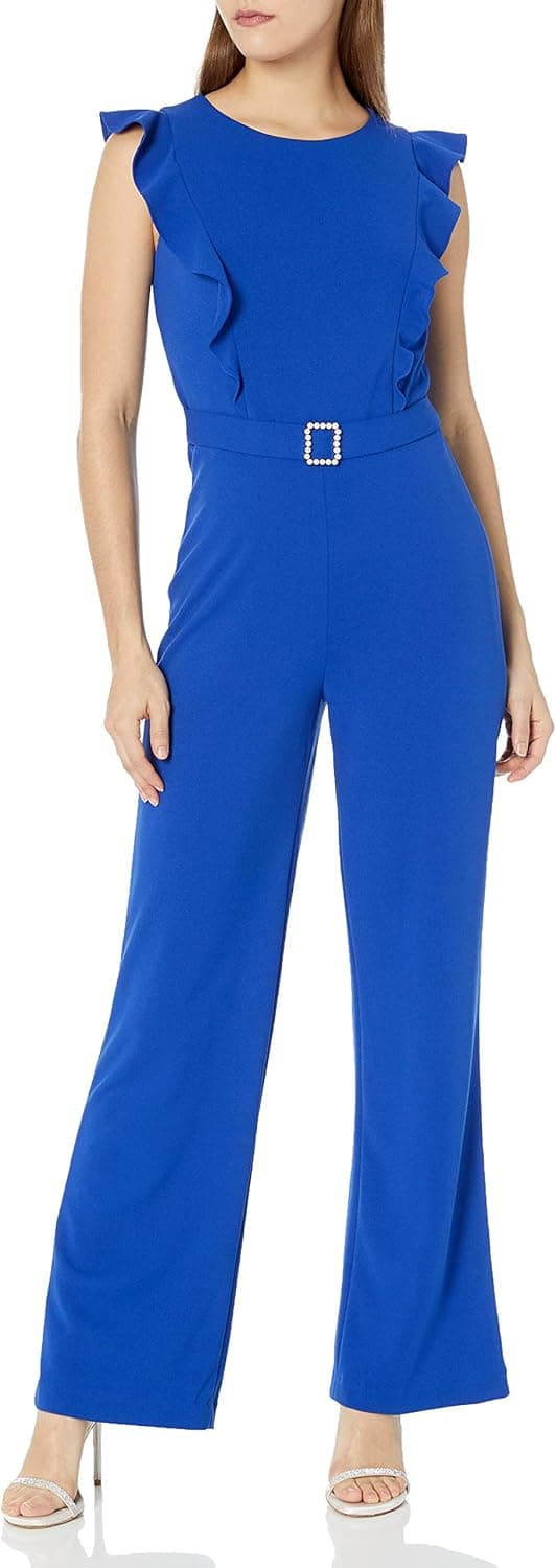 Betsey Johnson womens Sleeveless Belted Jumpsuit With Ruffle