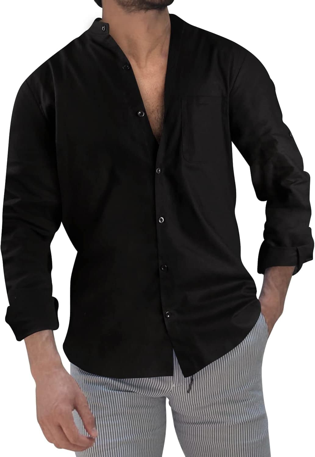 Men's Guayabera Shirts Long Sleeve Button Down Shirt Linen Solid Shirt Cuban Beach Tops