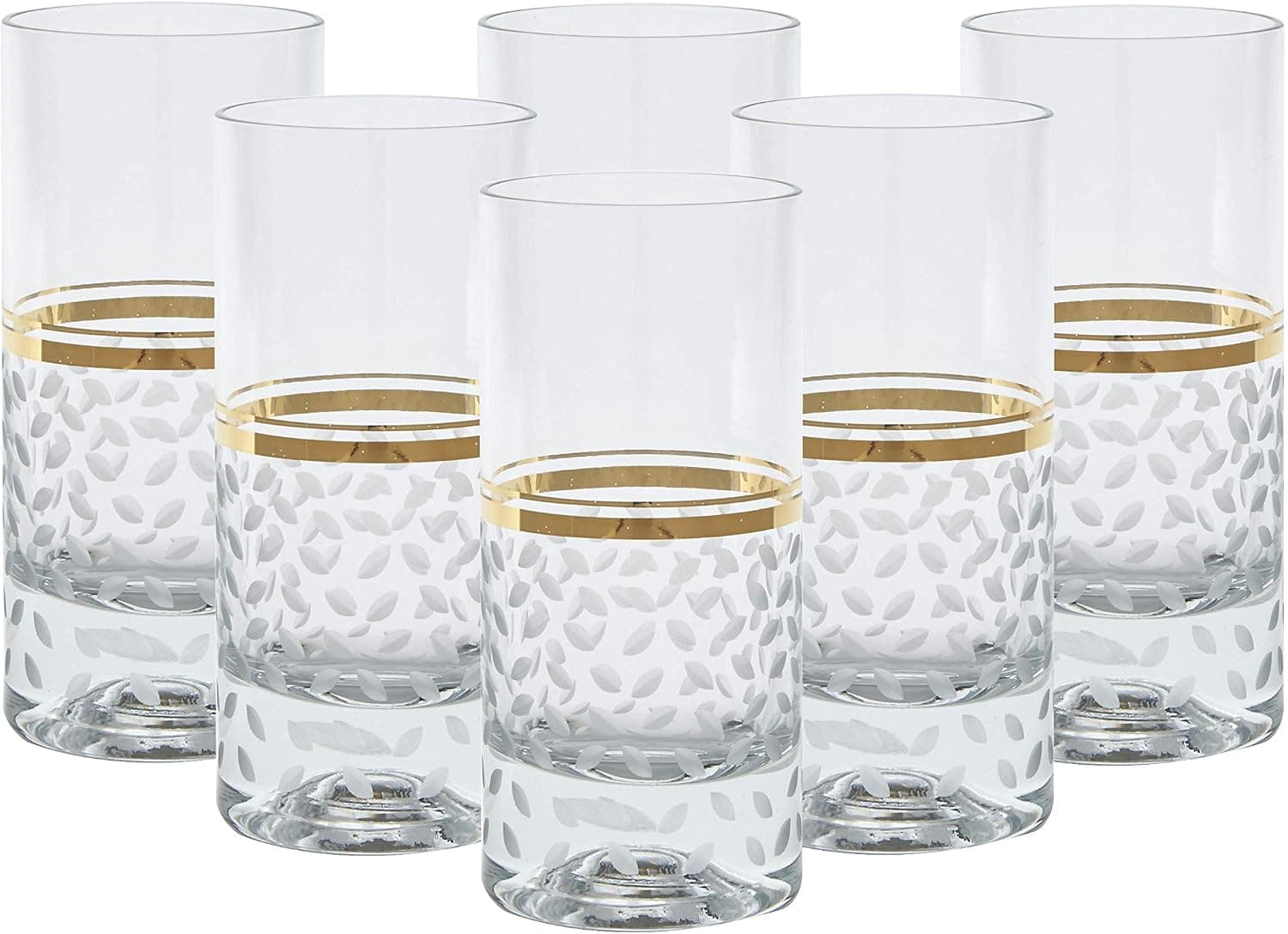 Glazze Crystal Set of 6 Handcrafted Highball Glasses with Hand Painted Real Gold Trim Detailing - Hand Cut Raindrops Pattern - Luxurious Gift - For Soft drinks & More