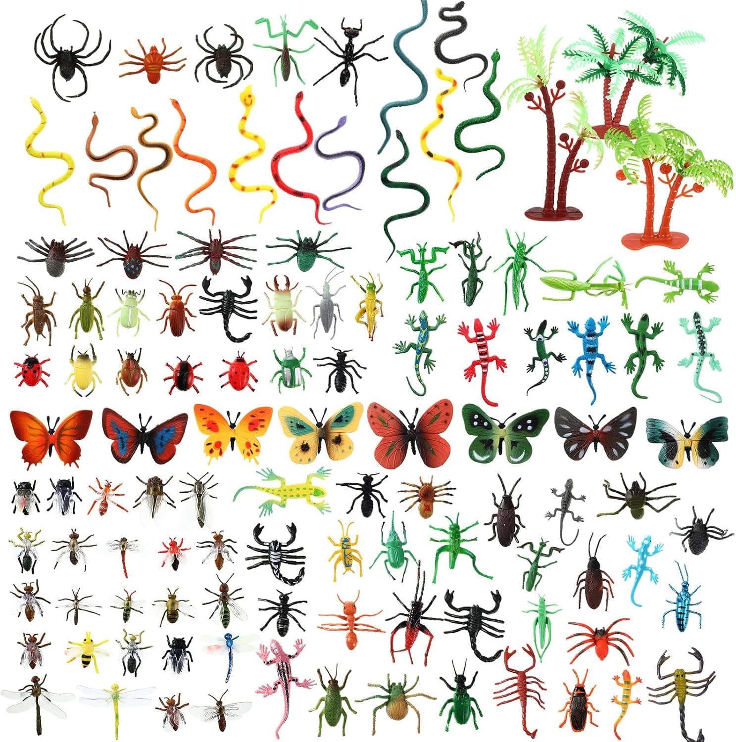 Gejoy Fake Bugs Toy Assorted Play Bugs Insect Toys Figures Mini Realistic Insect Toys Random Plastic Insects Bug Toys with Storage Box for Children Insect Themed Party (Vivid Style,120 Pieces)