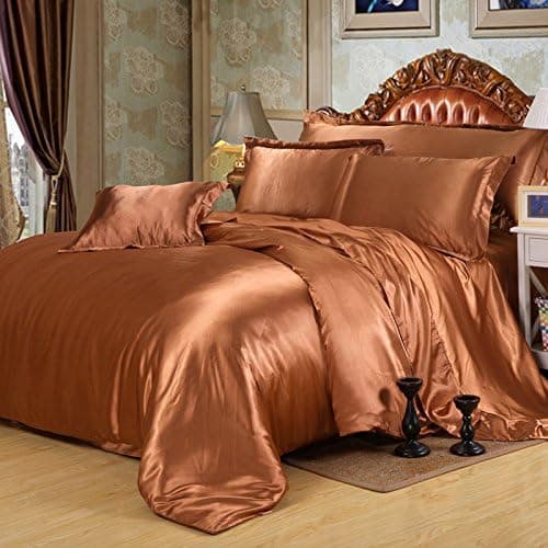 Coffee Luxury Silk Bedding Set. Include Silk Duvet Cover, Silk Pillow Sham and Silk Fitted Sheet. Satin Silk, Silk Blend Fabric. No Comforter or Duvet Insert Included. Full/Queen Size.