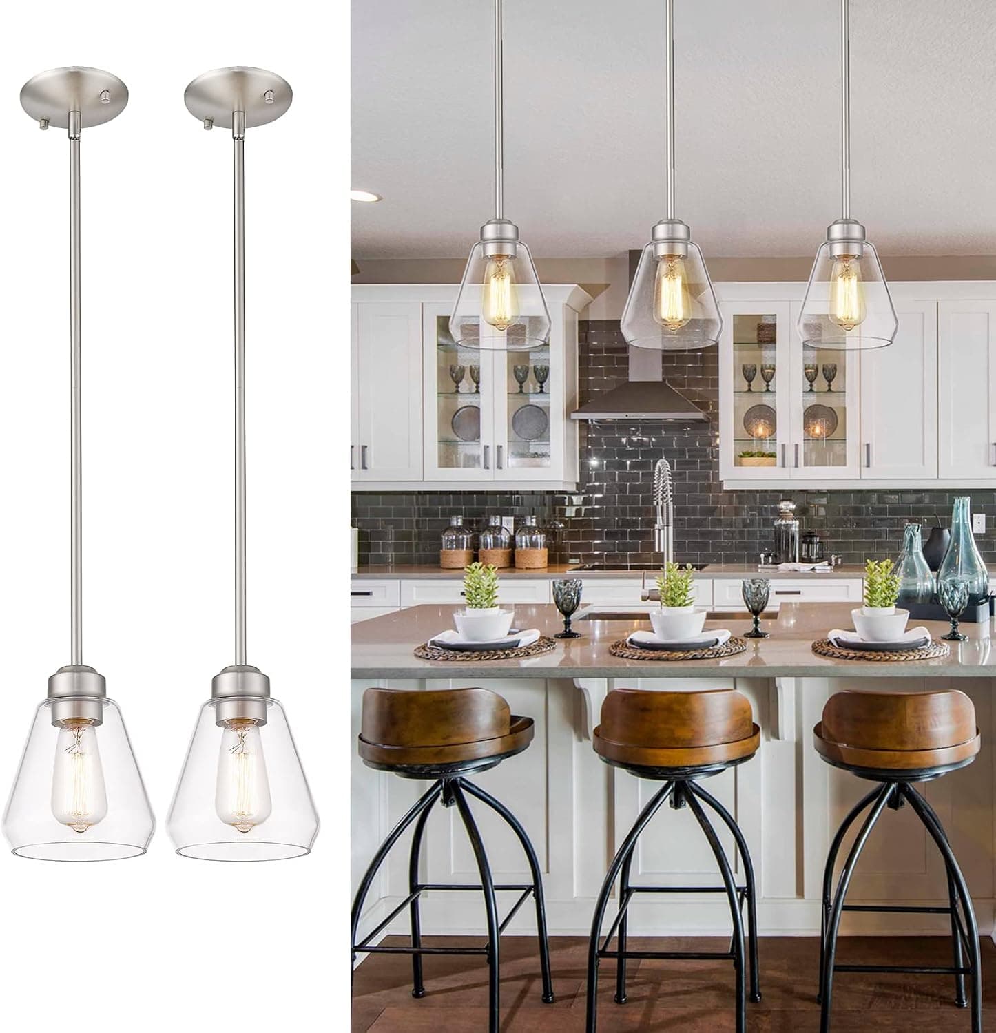Beionxii Glass Pendant Lights | Modern Brushed Nickel Pendant Lighting for Kitchen Island, Dining Room, Over The Sink - Set of 2