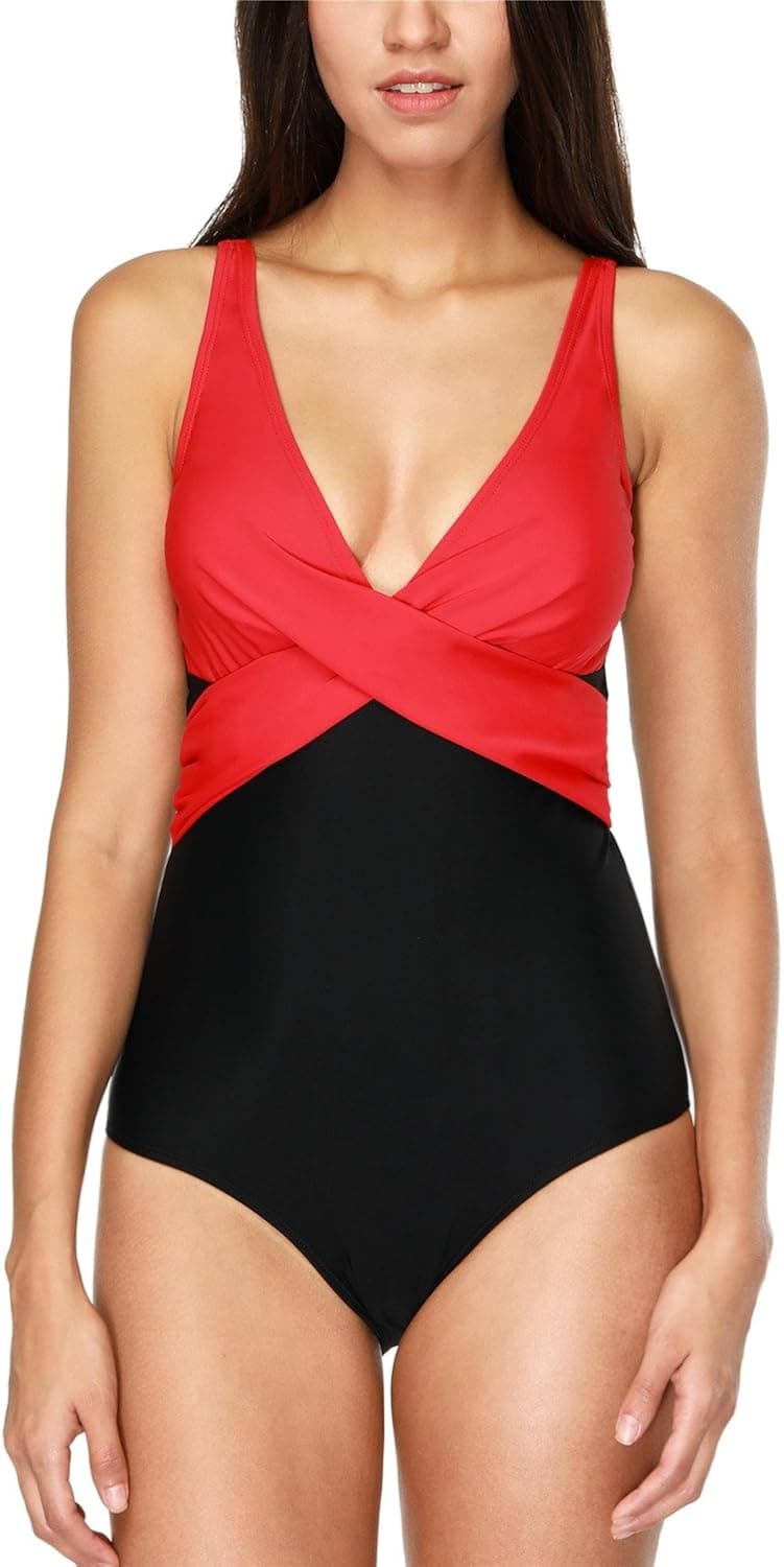ALove Women Tummy Control One Piece Swimwear Criss Cross 1 Piece Swimsuit Red Medium