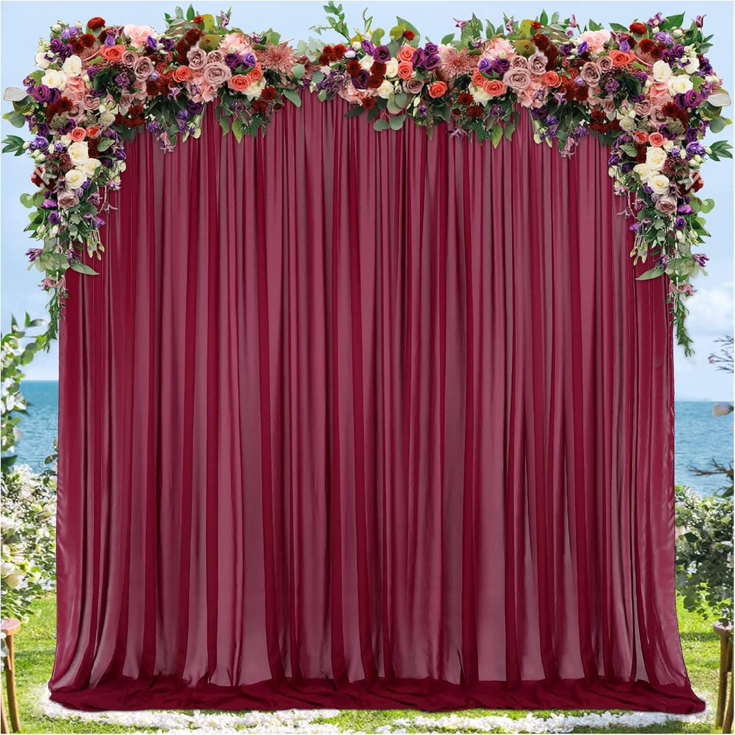 Burgundy Chiffon Backdrop 2 Panels 5ft x 10ft Sheer Backdrop Wedding Drape Curtains for Romantic Ceremony Party Arch Backdrop Stage Decoration