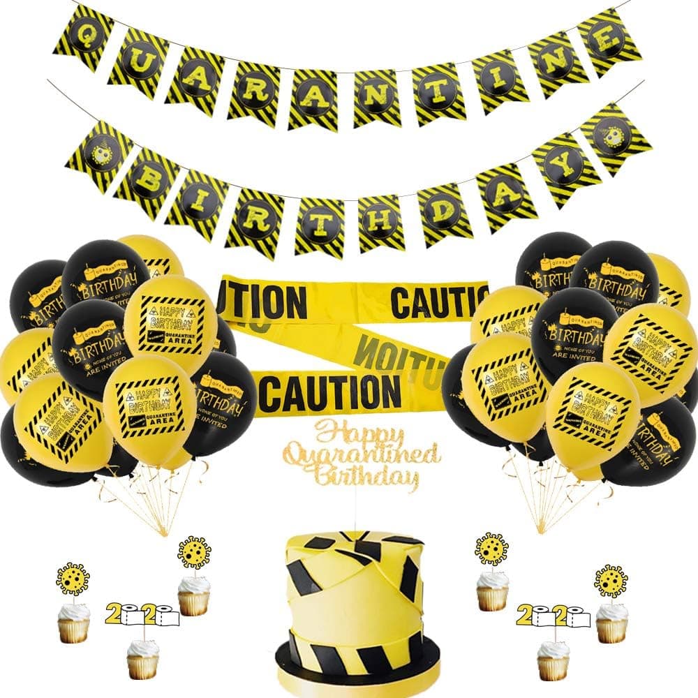Quarantine Birthday Party Decorations Social Distancing Birthday Party Decorations with Quarantine Banner Balloons Cake Topper Cautions Tape Stay Home Party Activities