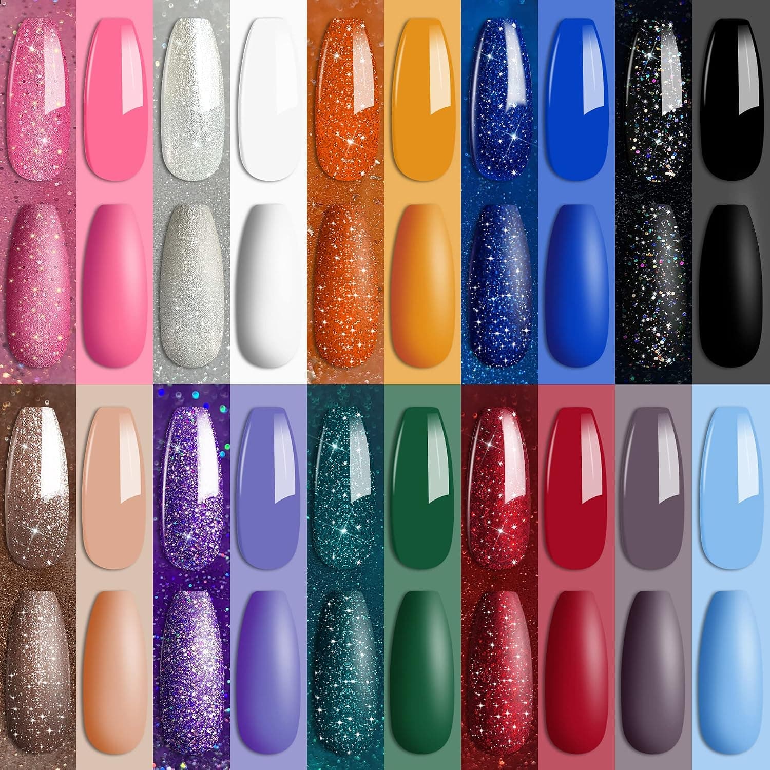 YTD Likomey Gel Nail Polish Set,23 Pcs Carnival Sparkle Spring 20 Colors with 10ml Base and Glossy Matte Top Coat and Washable Nail File Kit,Black White Red Green Blue Pink Purple and Same Color Glitter Soak Off UV Nail Gel Polish Gift Box