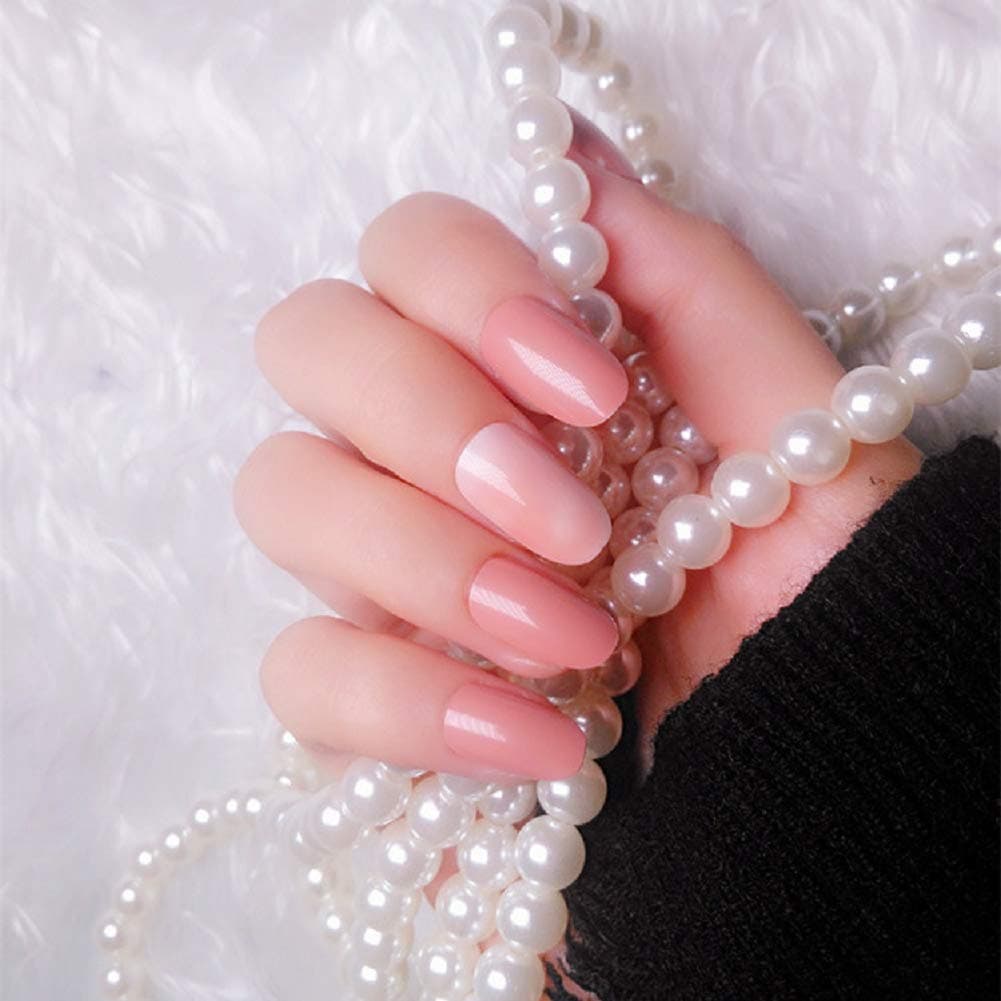 HeeJinn 24 Pcs Pink Bean Paste False Nails, Oval Fake Nail Medium Full Cover Acrylic Nail Artificial Nails Sticker Bridal Nails