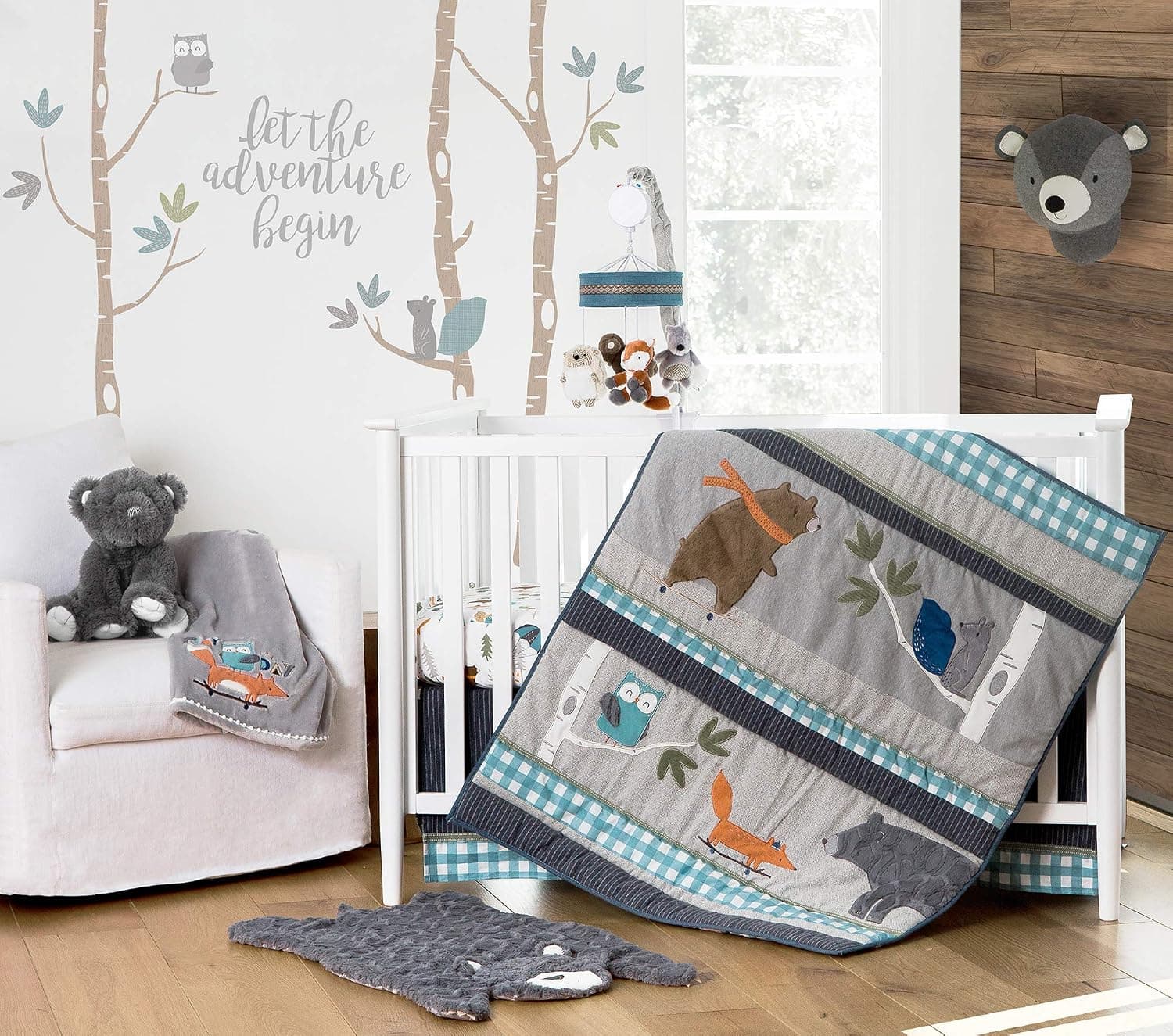 Levtex Baby - Play Day Crib Bed Set - Baby Nursery Set - Teal, Grey, Orange, Brown, Green - Woodland Animals - 5 Piece Set Includes Quilt, Fitted Sheet, Diaper Stacker, Wall Decal & Dust Ruffle