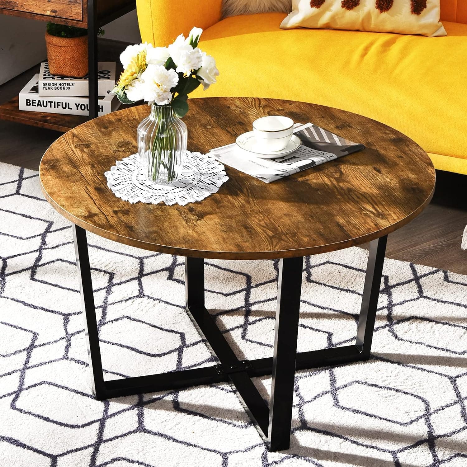Giantex Round Coffee Table, Retro Sofa Table with X Base Metal Frame, Industrial Style Cocktail Table for Living Room Bedroom Office, Modern Leisure Tea Table with Adjustable Feet, Easy Assembly