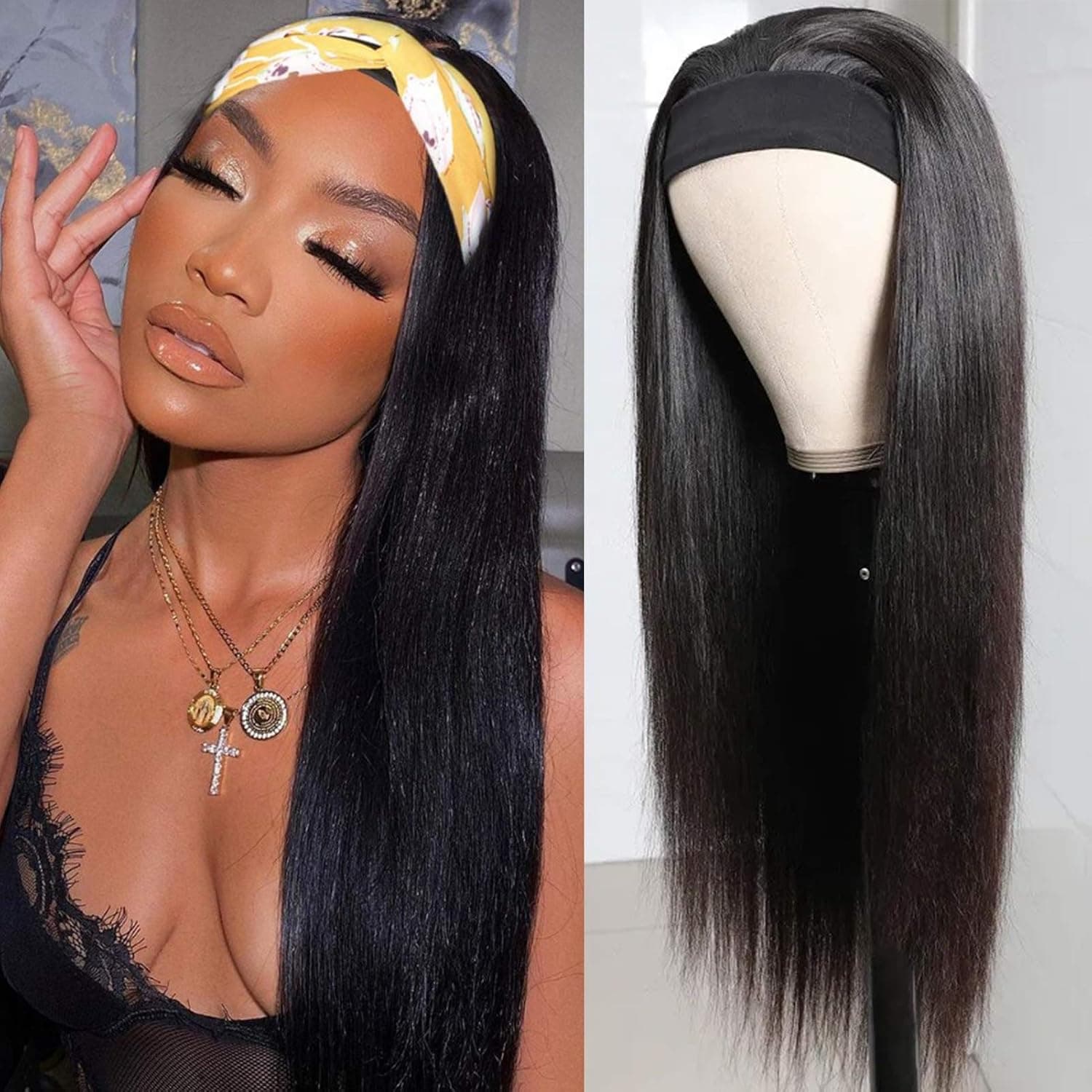 VRBest HeadBand Wig Straight Human Hair Wigs for Black Women Glueless None Lace Front Wigs With Headband Attached Ice Silk Headband Half Wig For Beginners 150% Density 16 Inch