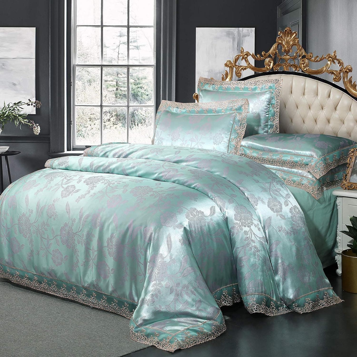 Lace Jacquard Duvet Cover,Lace Princess Bedding Set,European 3 Piece Bedding Set,Twin Size Quilt Set,Queen Size Duvet Cover,King Size Bedding Sets. (Light Green, King)