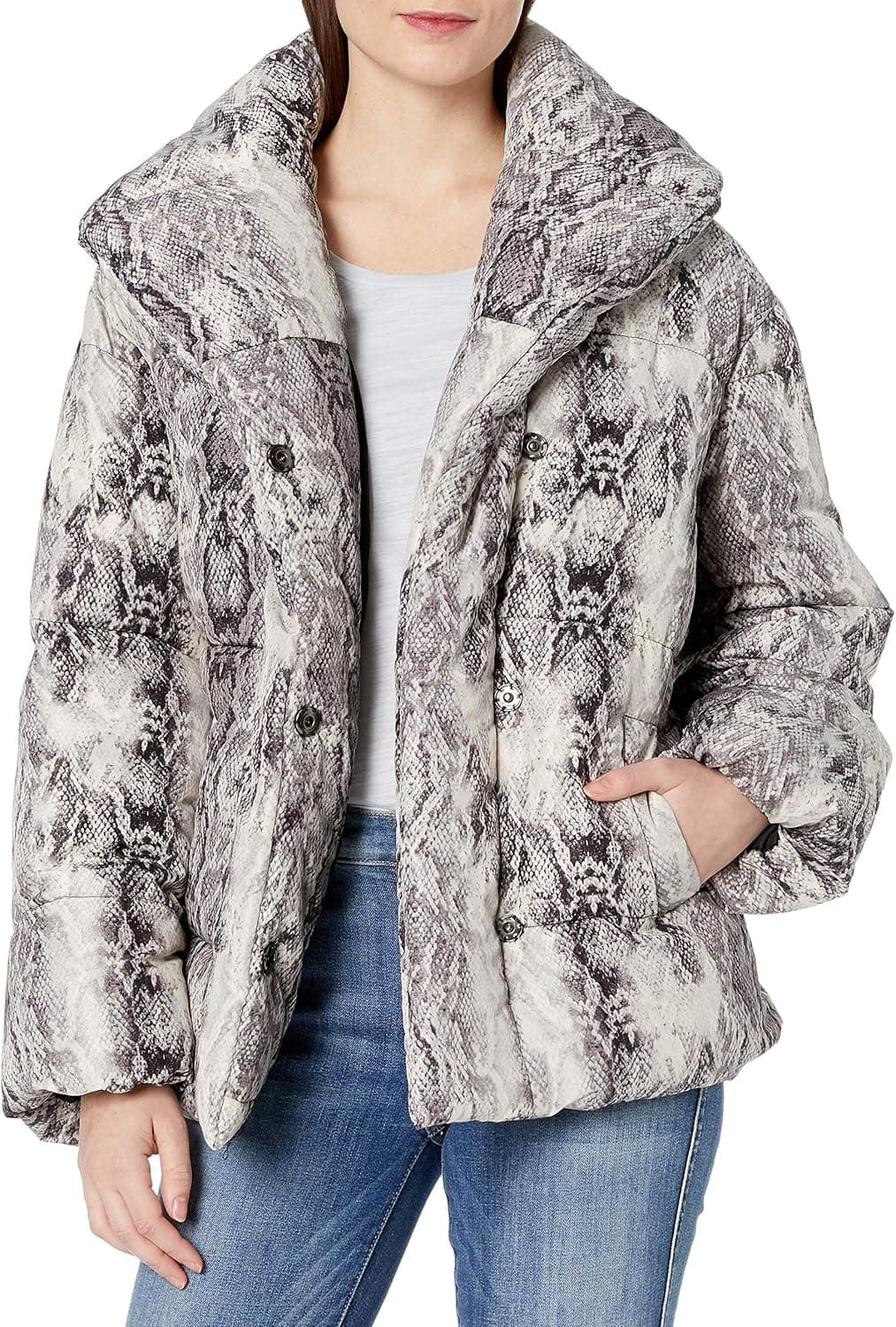 Vince Camuto Women's Demure Snake Skin Hooded Puffer Coat