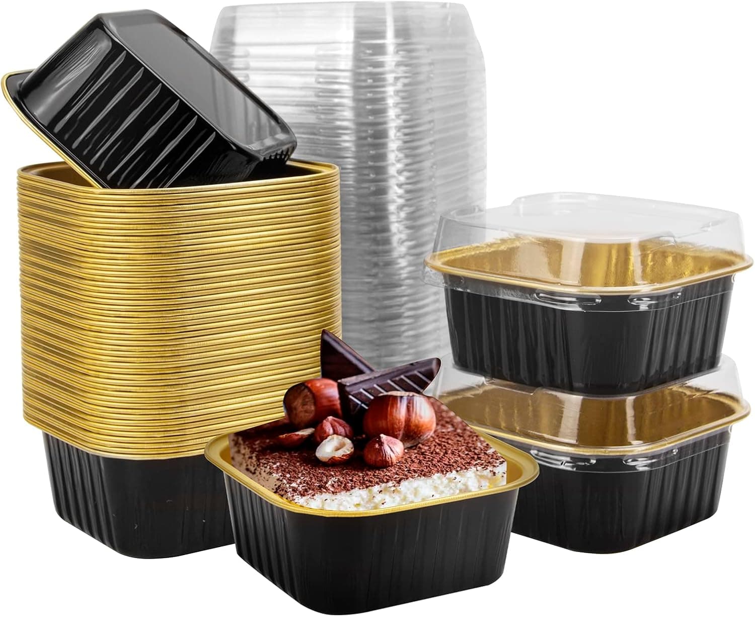 Zycozzn 50 Pcs Mini Square Baking Cups with Lids,5oz Aluminum Foil Mini Cake Pans with Lids,Disposable Ramekins Cake Pans,150ml Dessert Cups Cupcake Pans for Wedding Birthday Party,Black Gold