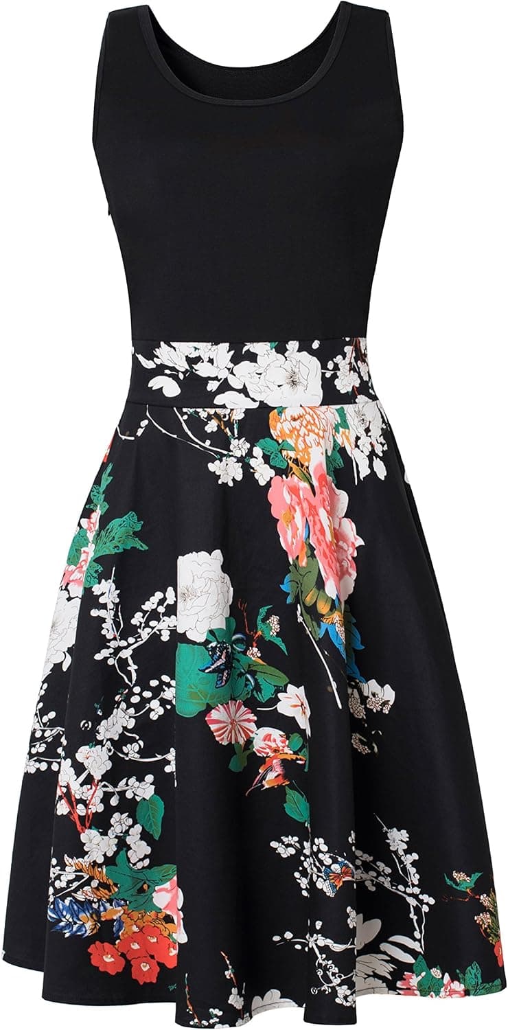 XEUZOYZA Women’s Summer Crew Neck Sleeveless A Line Floral Printed Midi Dress with Zip