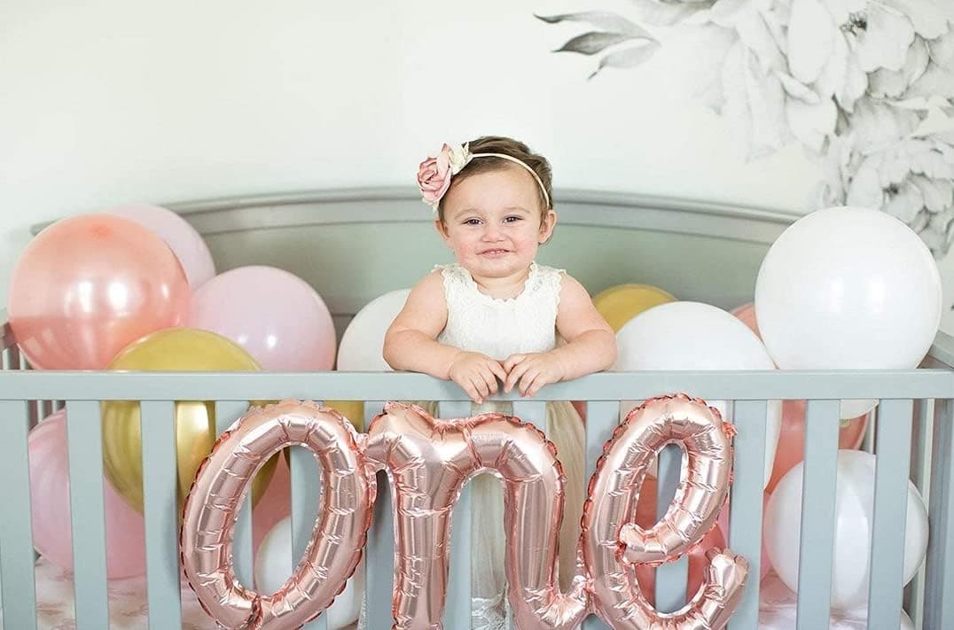 SaPeal 40" One Balloon Banner Rose Gold Balloons Decorations First Birthday Balloons Hand Writing Style Foil Letter Baby Balloon Anniversary Celebration Decorations