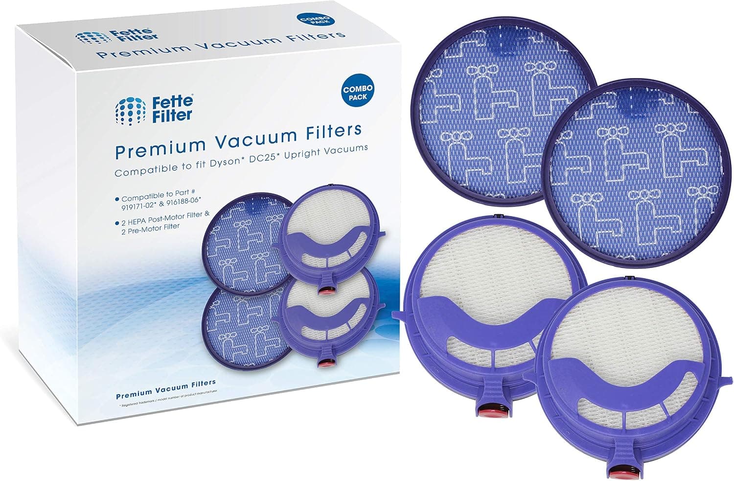 Fette Filter – Pre-Filter and Post Motor HEPA Filter Compatible with Dyson DC25. Fits All DC25 Models - Compare to Part # 919171-02 and 916188-06 (Pack of 2)