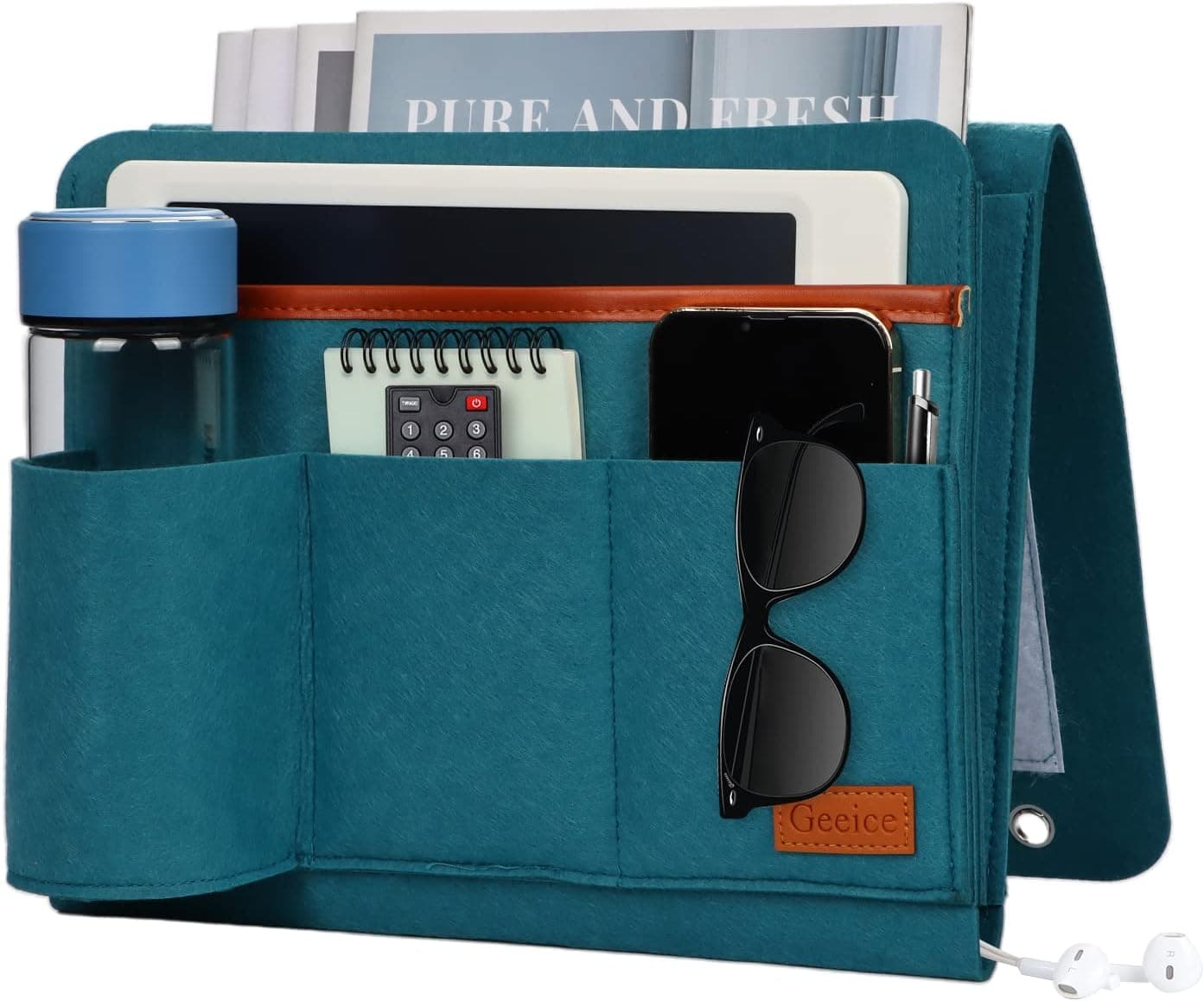 Geeice Bedside Caddy, 5 Pockets Bed Storage Hanging Organizer Sofa Armchair Pocket, Tablet Phone Remote Control Magazine Holder for Home Dorm Desk (Dark Cyan)