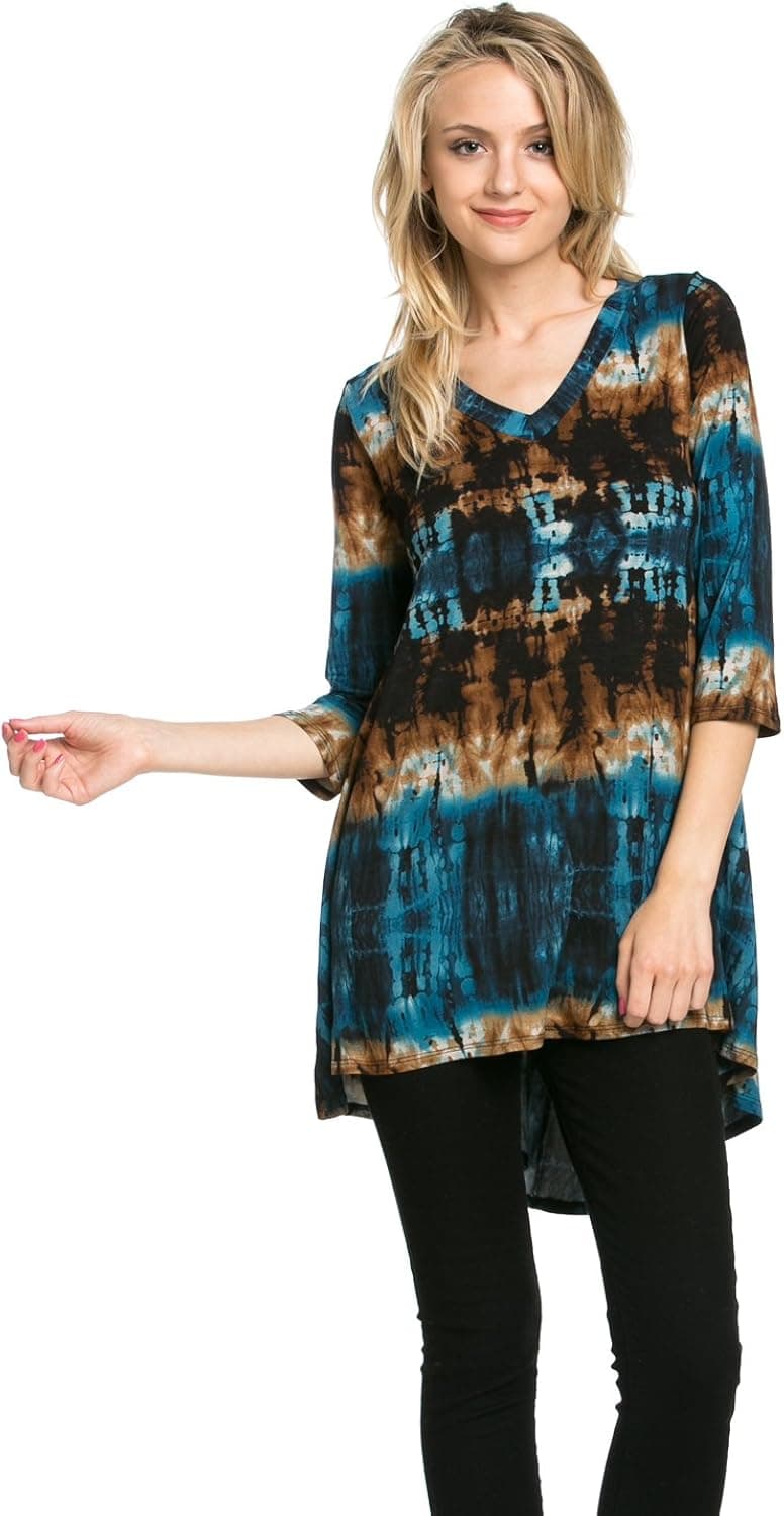 Frumos Womens 3/4 Sleeve Tie Dye V Neck Long Tunic Top