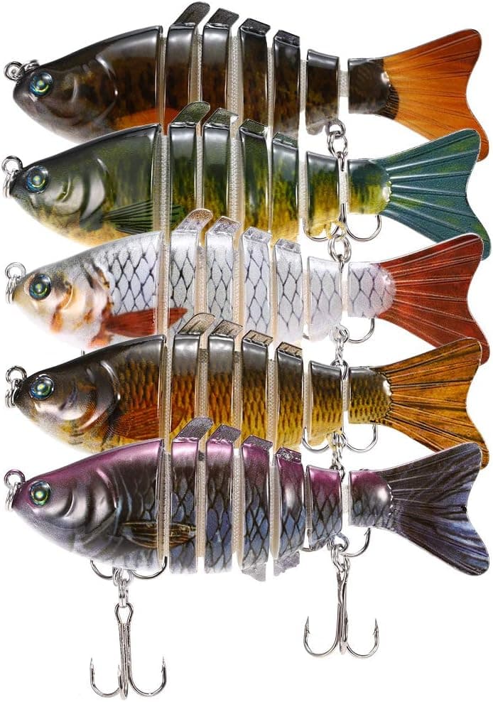 Lixada Fishing Lure Set 5PCS Multi Jointed Segment Swimbait Lifelike Hard Bait Crankbait Treble Hooks 3D Eyes Popper Crankbait Vibe Sinking Lure for Bass Trout Perch