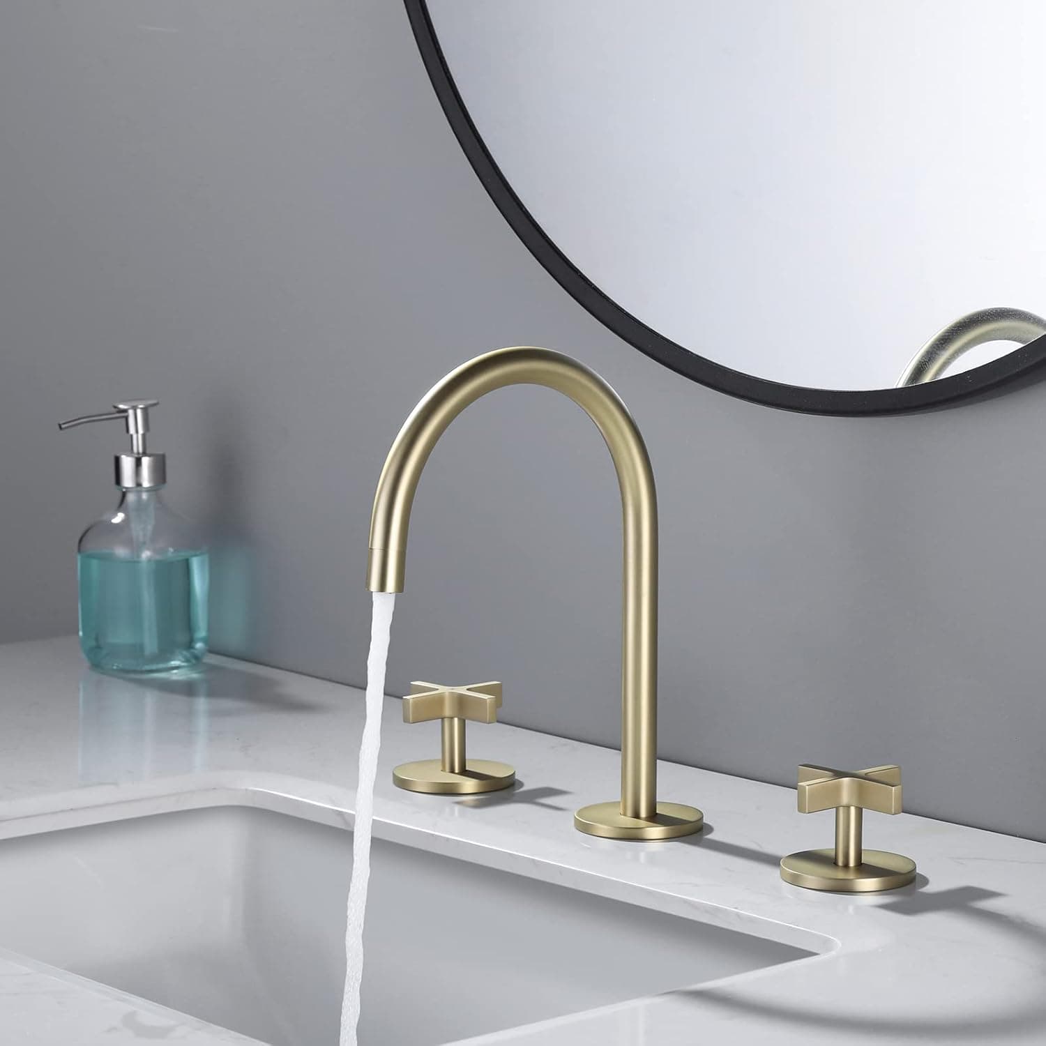 Brushed Gold Bathroom Faucet, Indare 8-Inch Brass Widespread Bathroom Sink Faucet 3 Holes with Copper Pop-Up Drain & Supply Lines, 110101-BG
