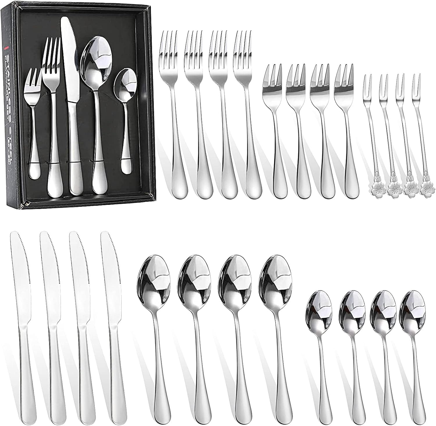 24 Pcs Silverware Set,Matte Stainless Steel Flatware Set Kitchen Utensil Service for 4,Including Forks, Knives, Spoon with Storage Box, Dishwasher Safe(Silver)
