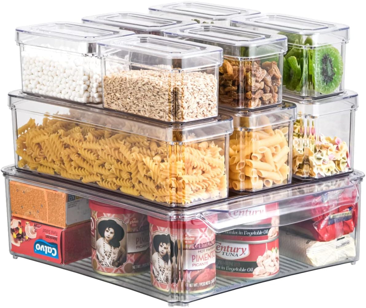 Set of 10 Fridge Organizer With Lids, Stackable Refrigerator Organizer Bins Clear Plastic Storage Bins Kitchen Produce Saver, BPA-Free Pantry Storage Containers With Drain Hole to Keep Food Fresh