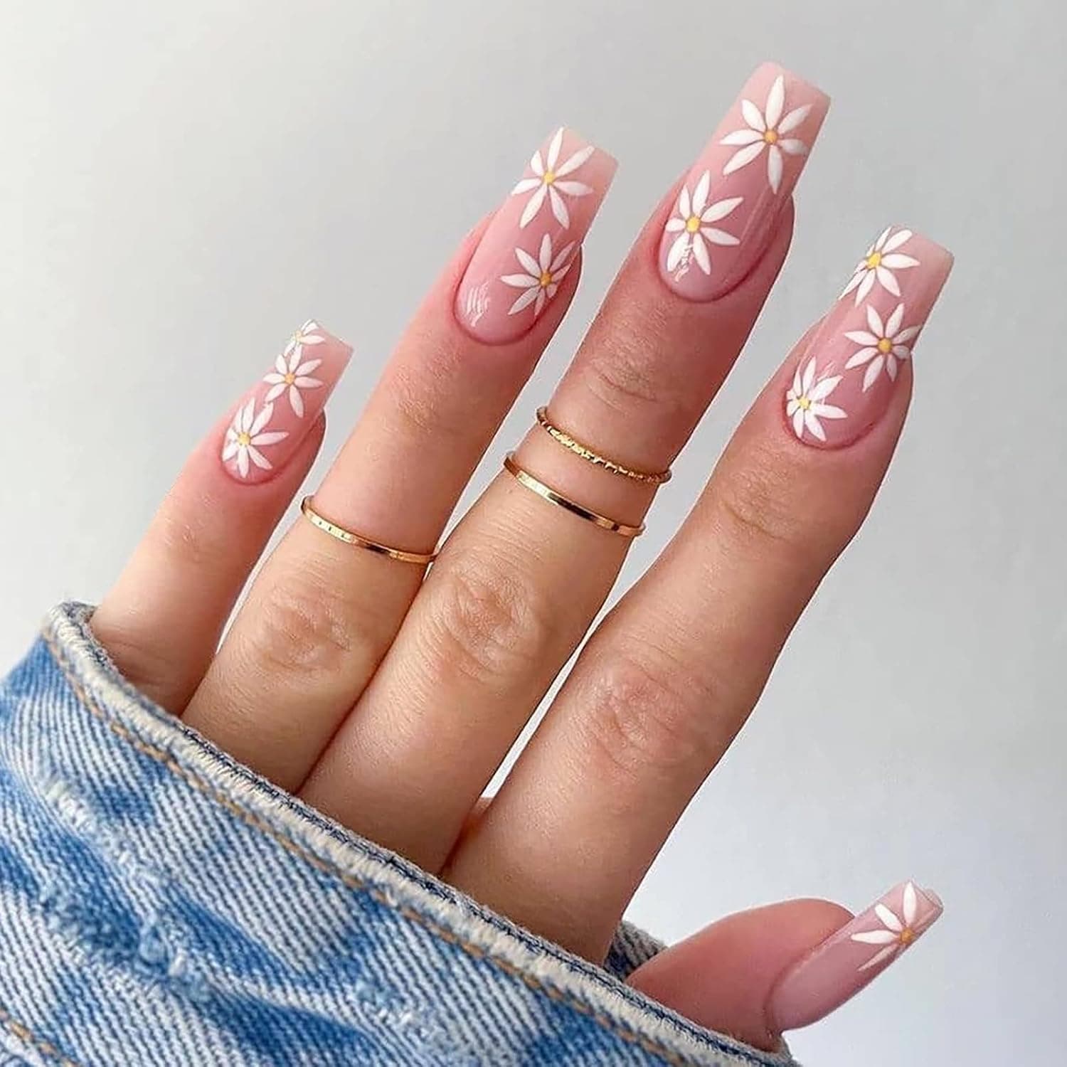 24 Pcs Press on Nails Long Coffin, Sunjasmine Fake Nails with Nail Glue, False Nails with Designs Acrylic Nails Glue On Nails for Women and Girls (Pink White Flower)
